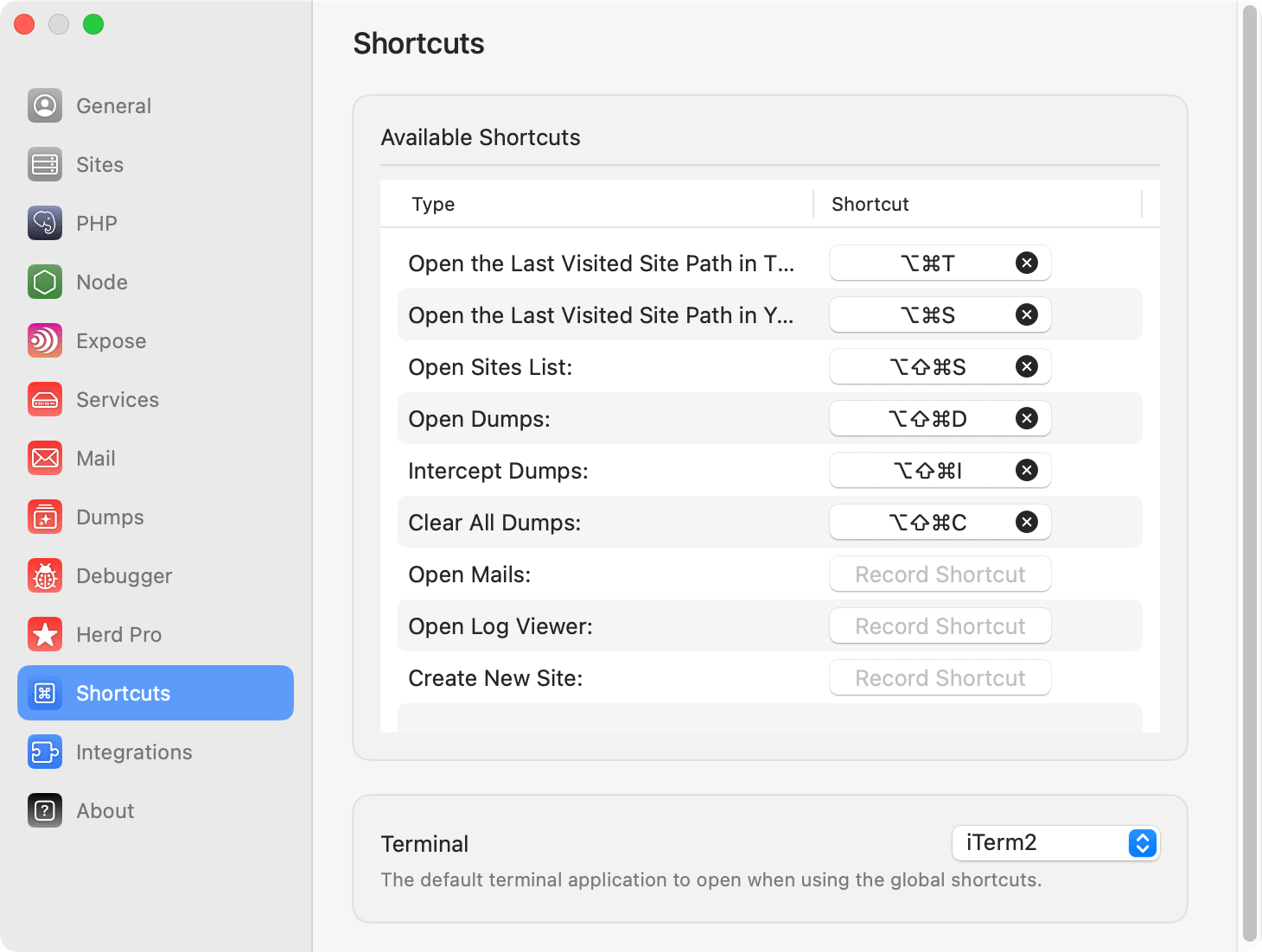 Screenshot of shortcut settings