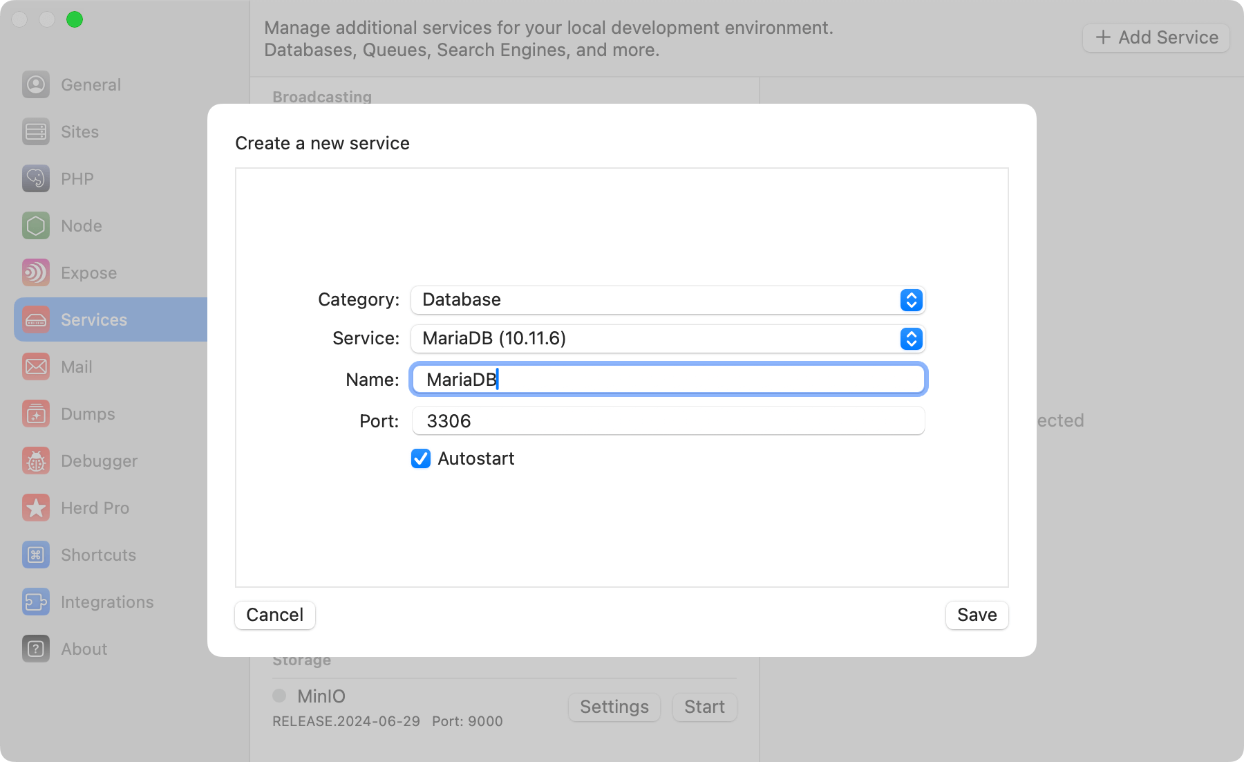 Screenshot of MySQL settings