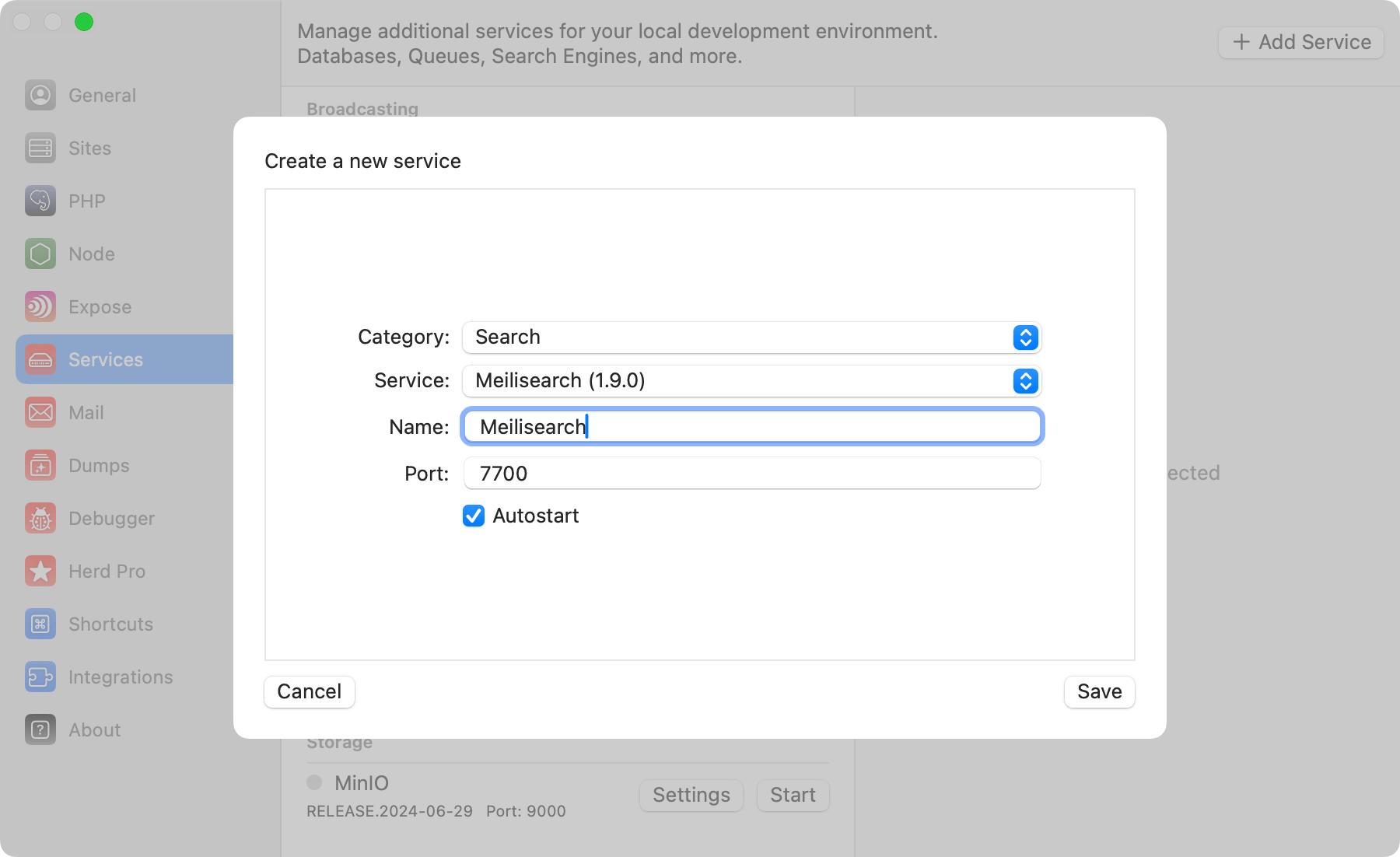 Screenshot of Meilisearch settings