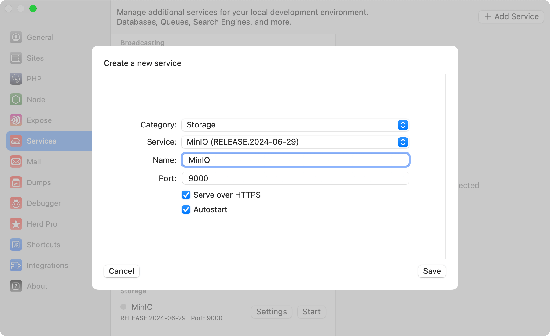 Screenshot of minio settings