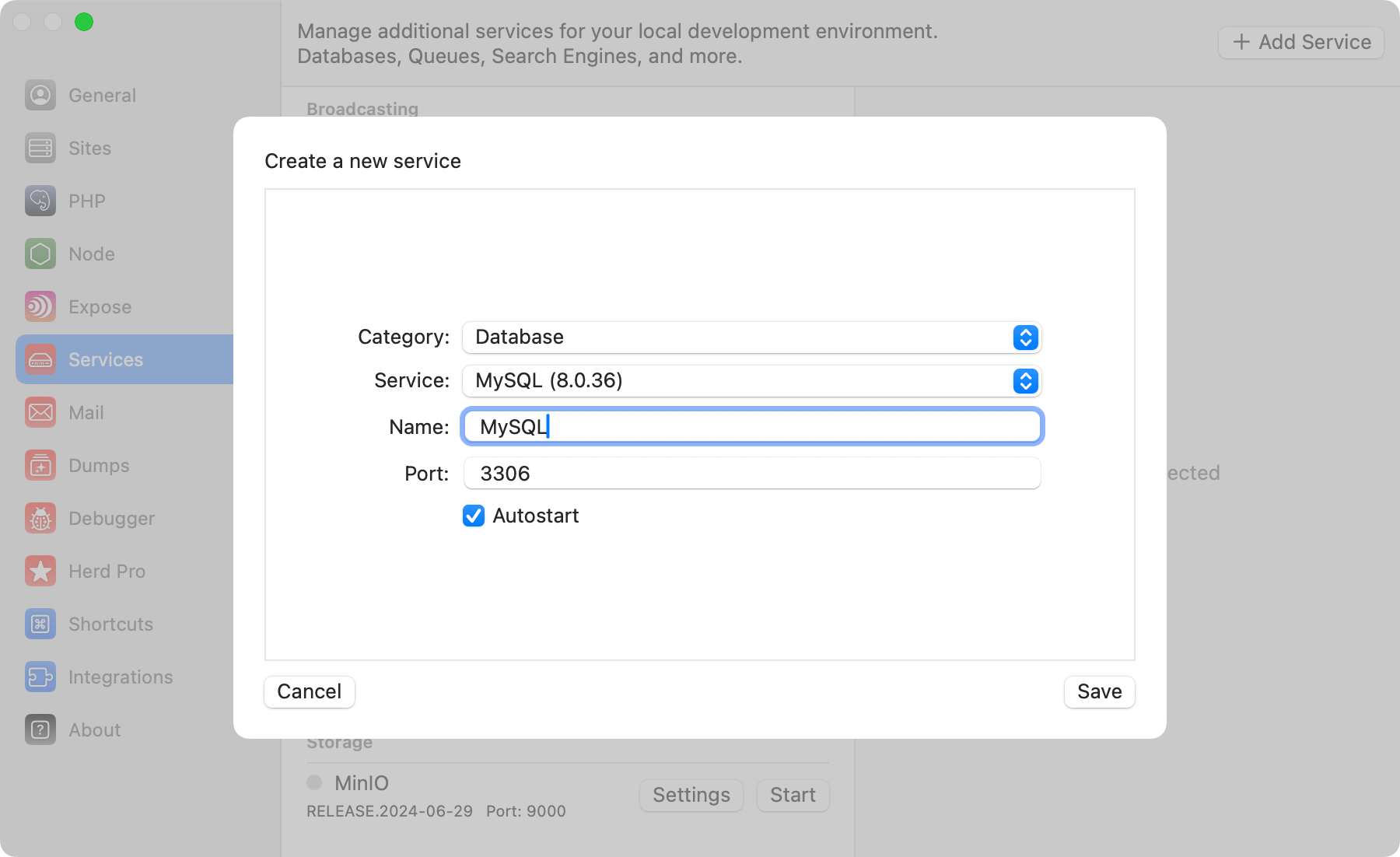 Screenshot of MySQL settings
