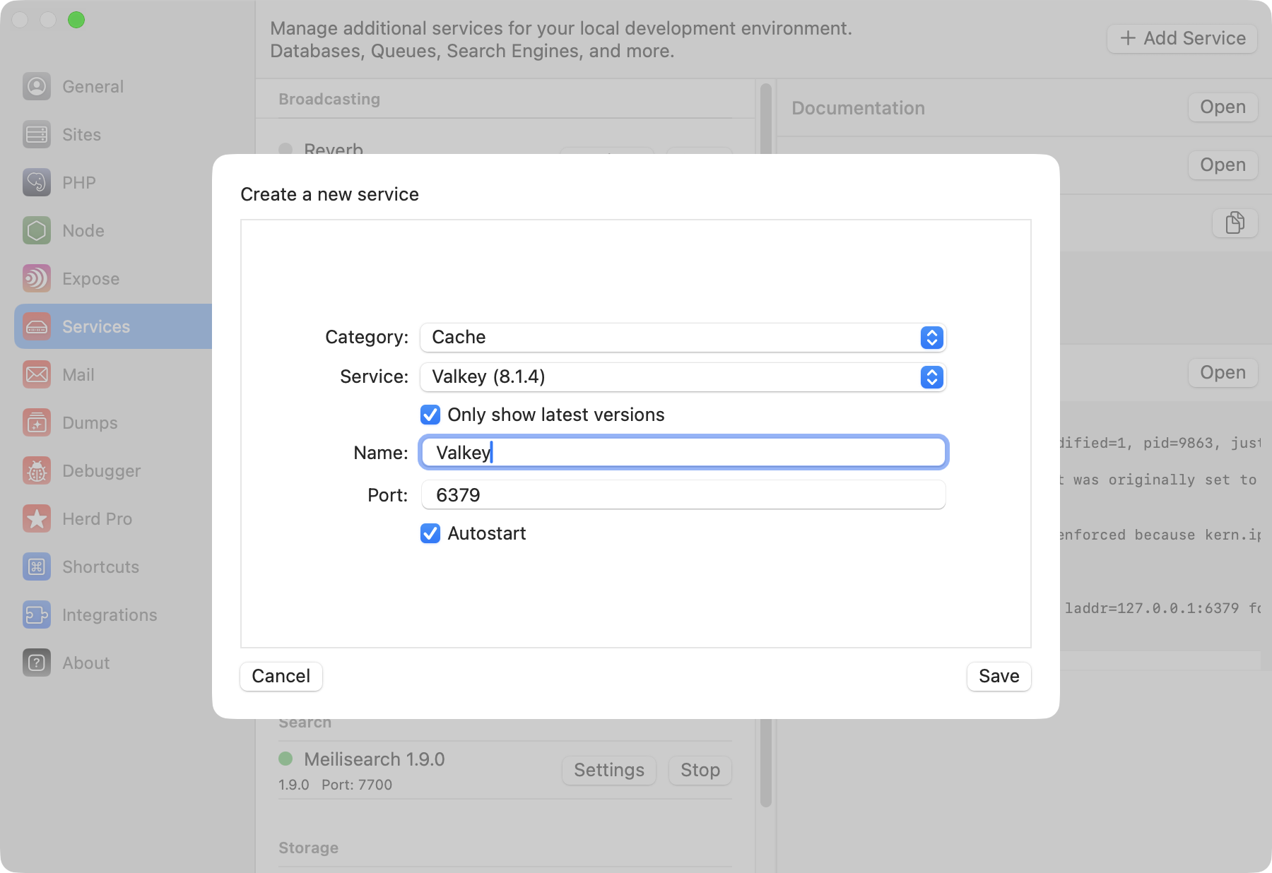Screenshot of Valkey settings
