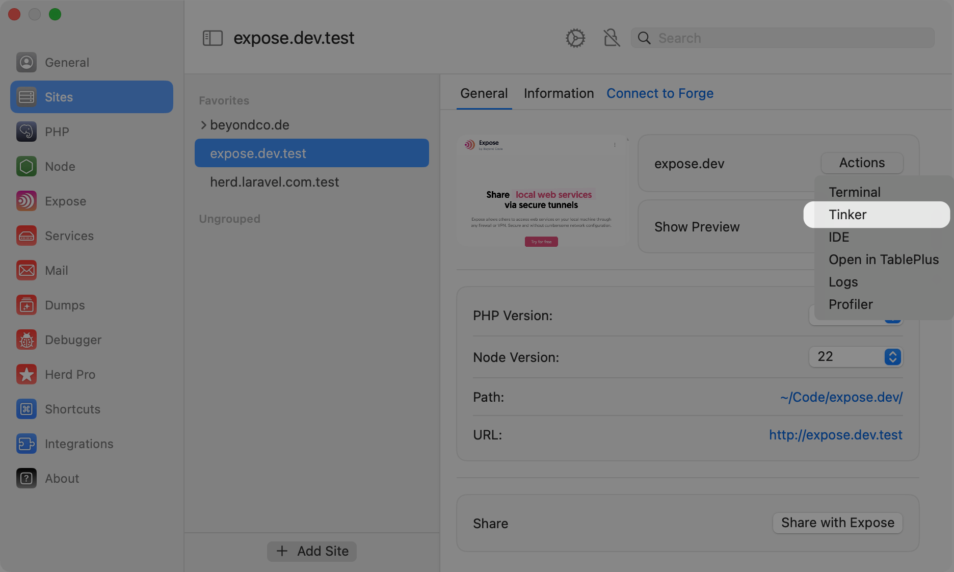 Tinker button in the site manager