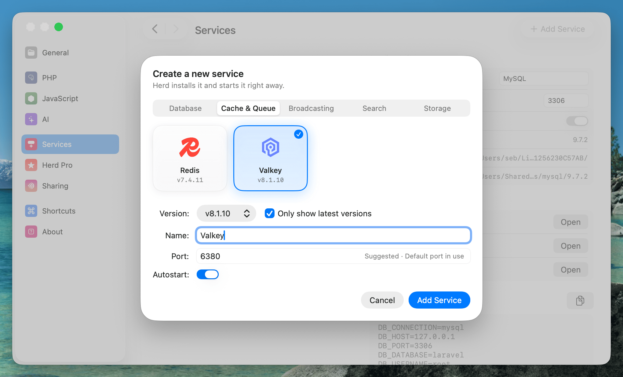 Screenshot of Valkey settings
