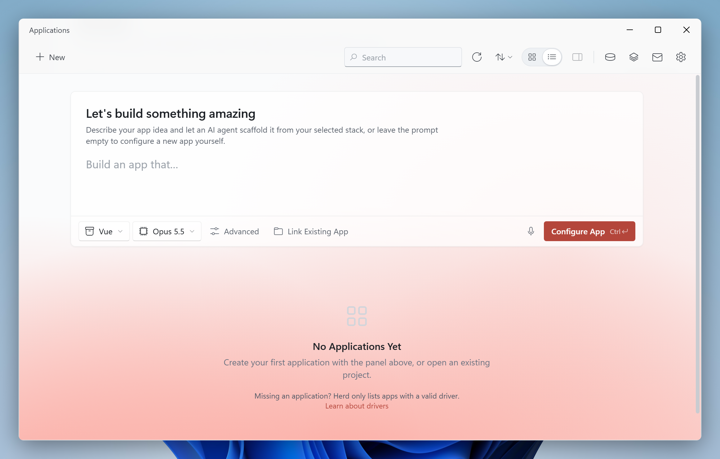 Applications window without any applications