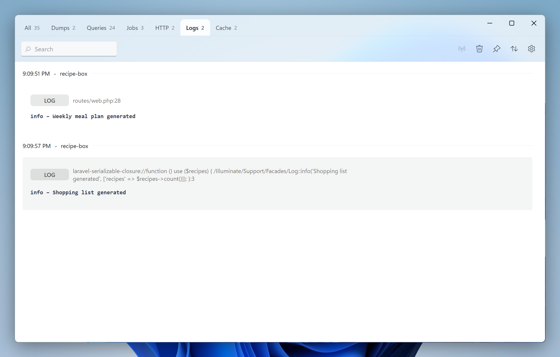 Logs in the Insights window
