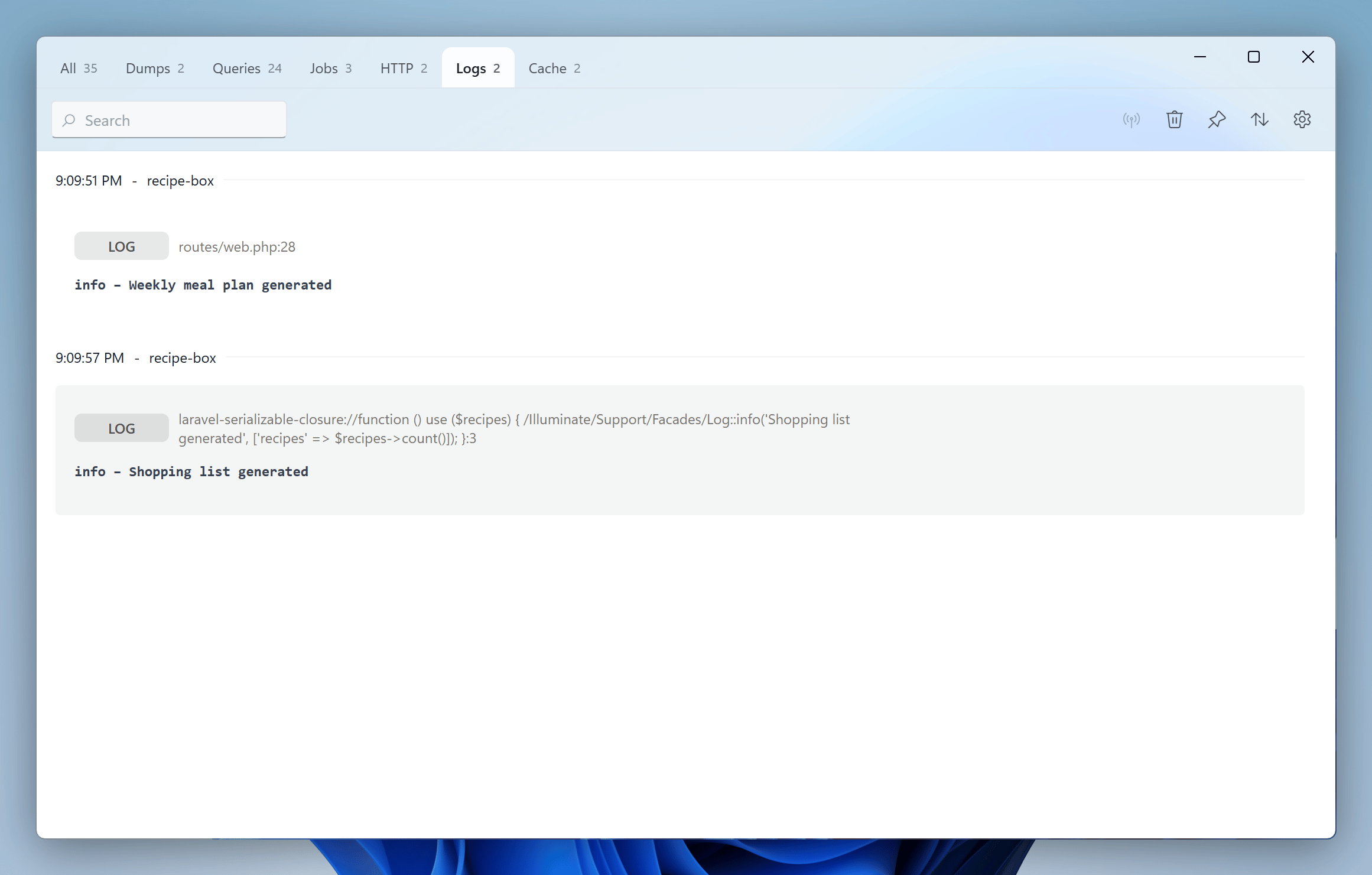Logs in the Insights window