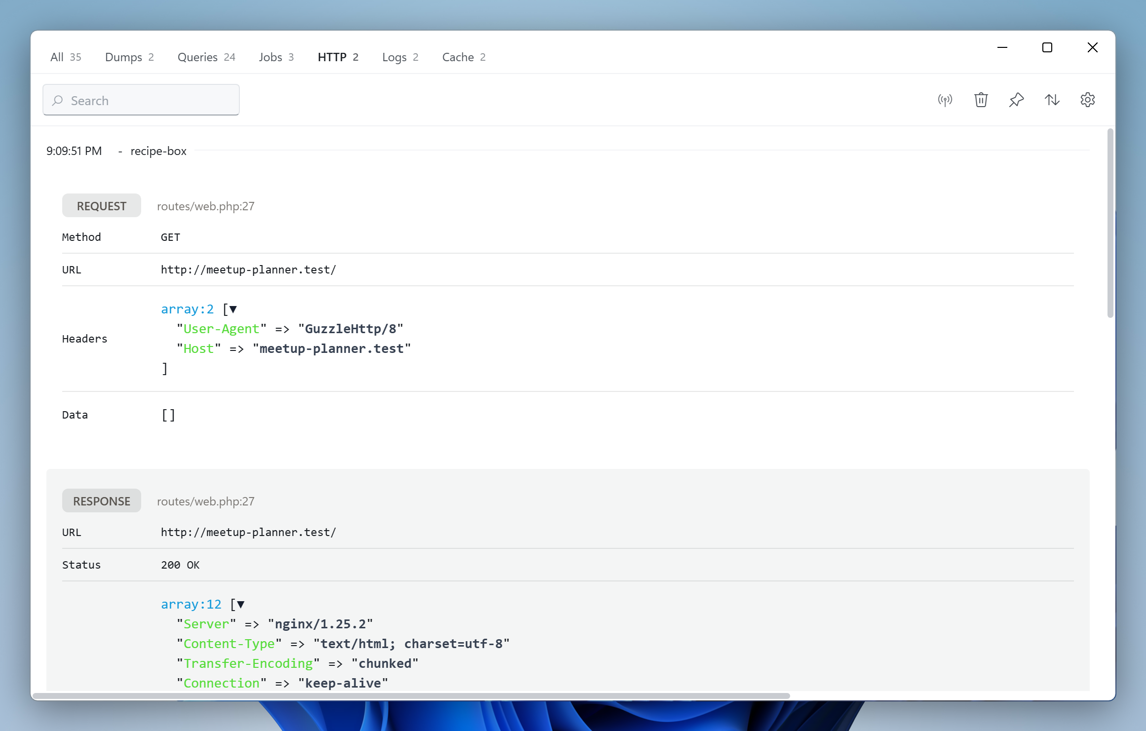 HTTP requests in the Insights window