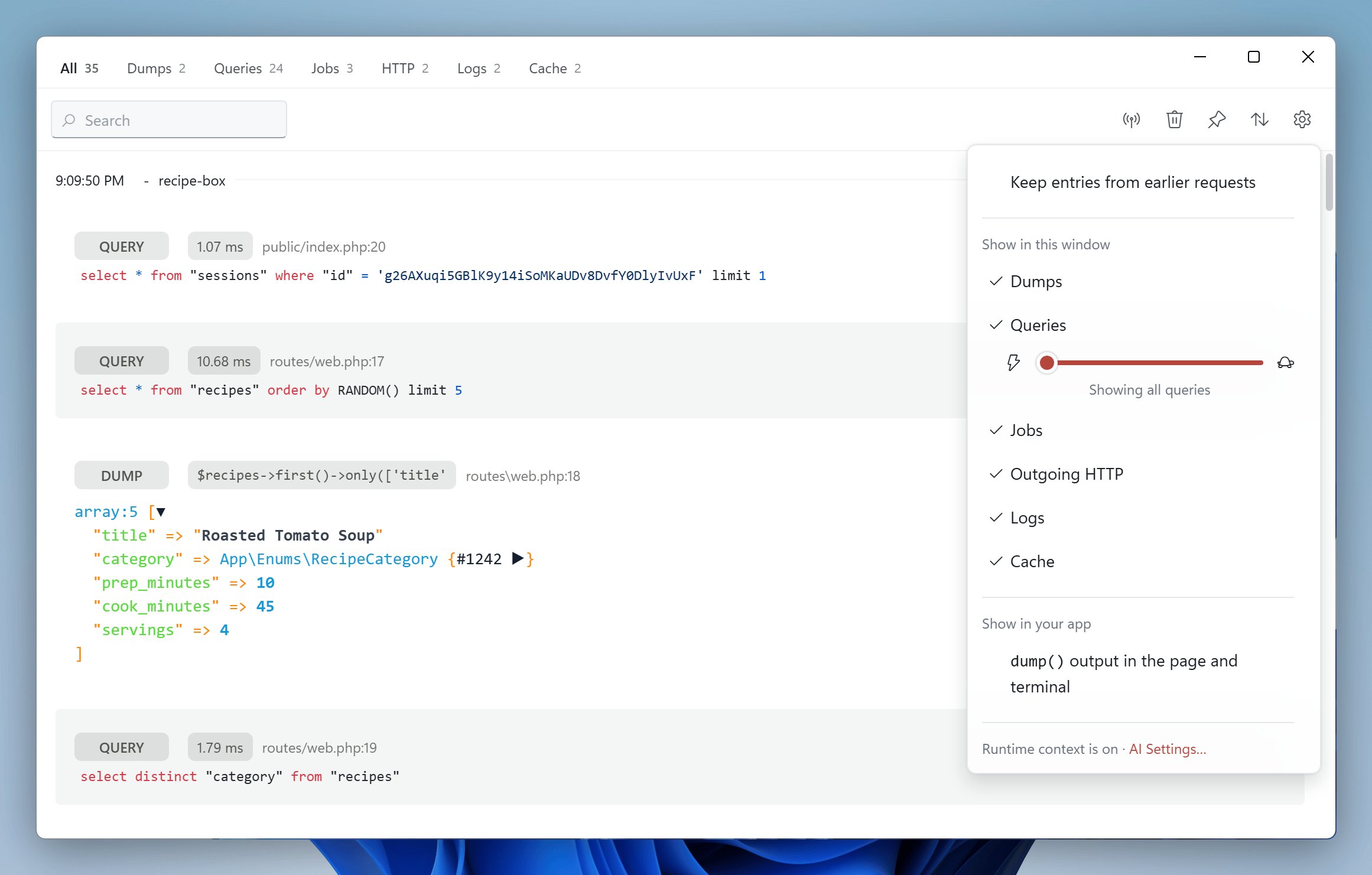 Settings of the Insights window