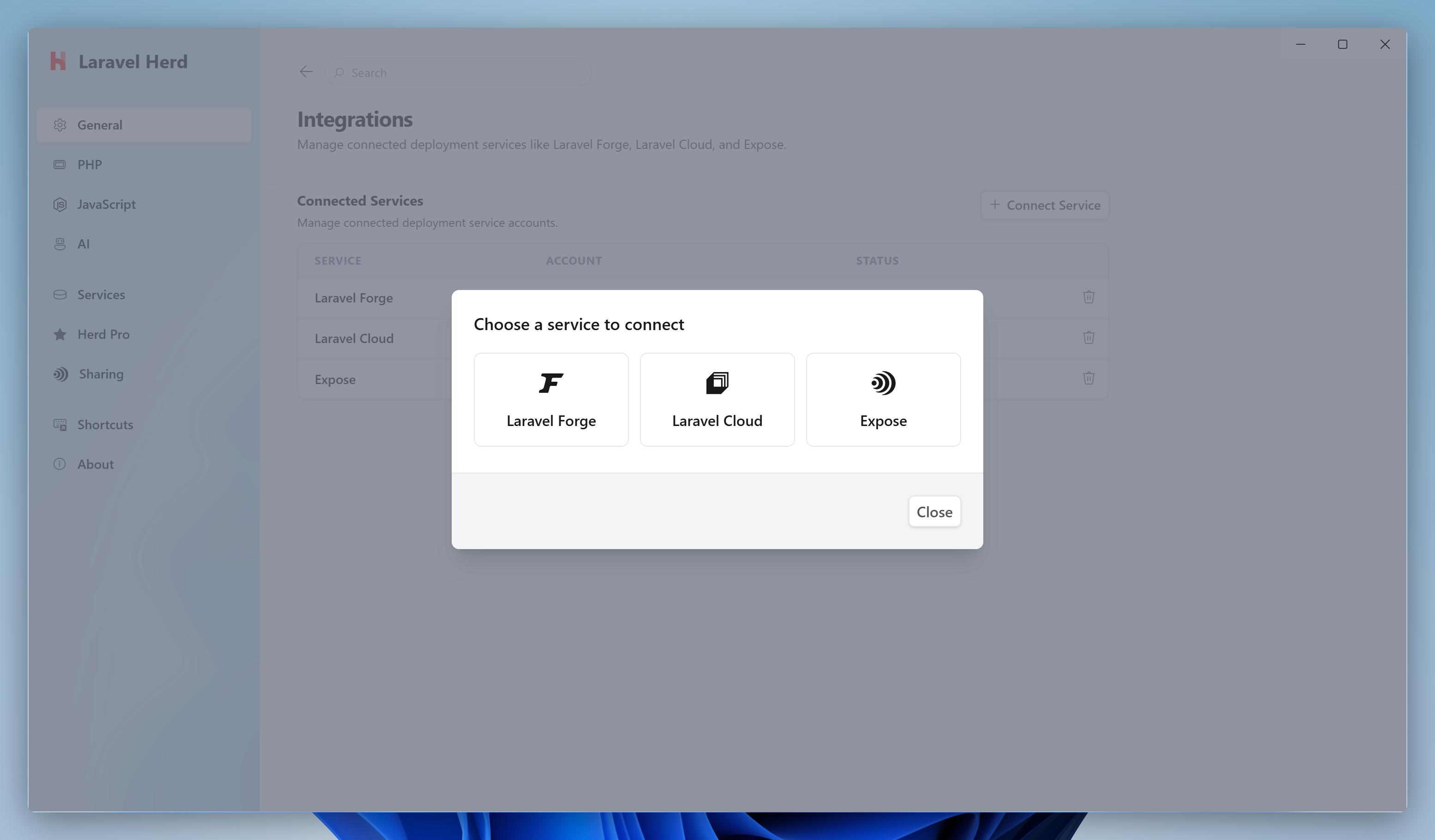 Choosing a service to connect in the integrations settings