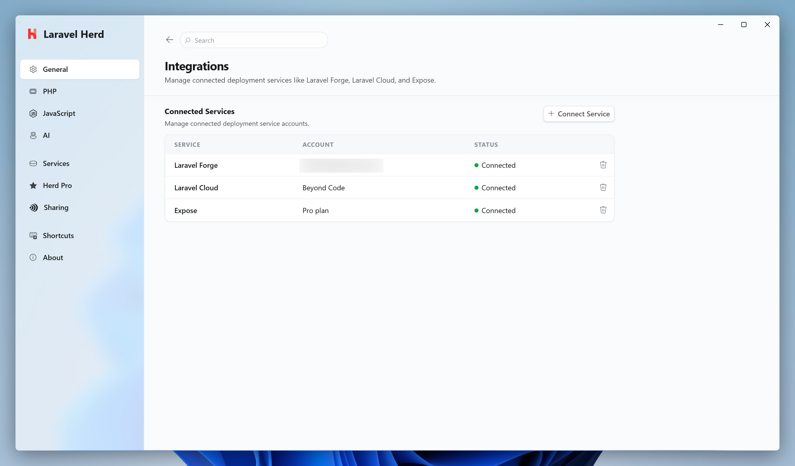 Integrations Settings with a connected Forge account
