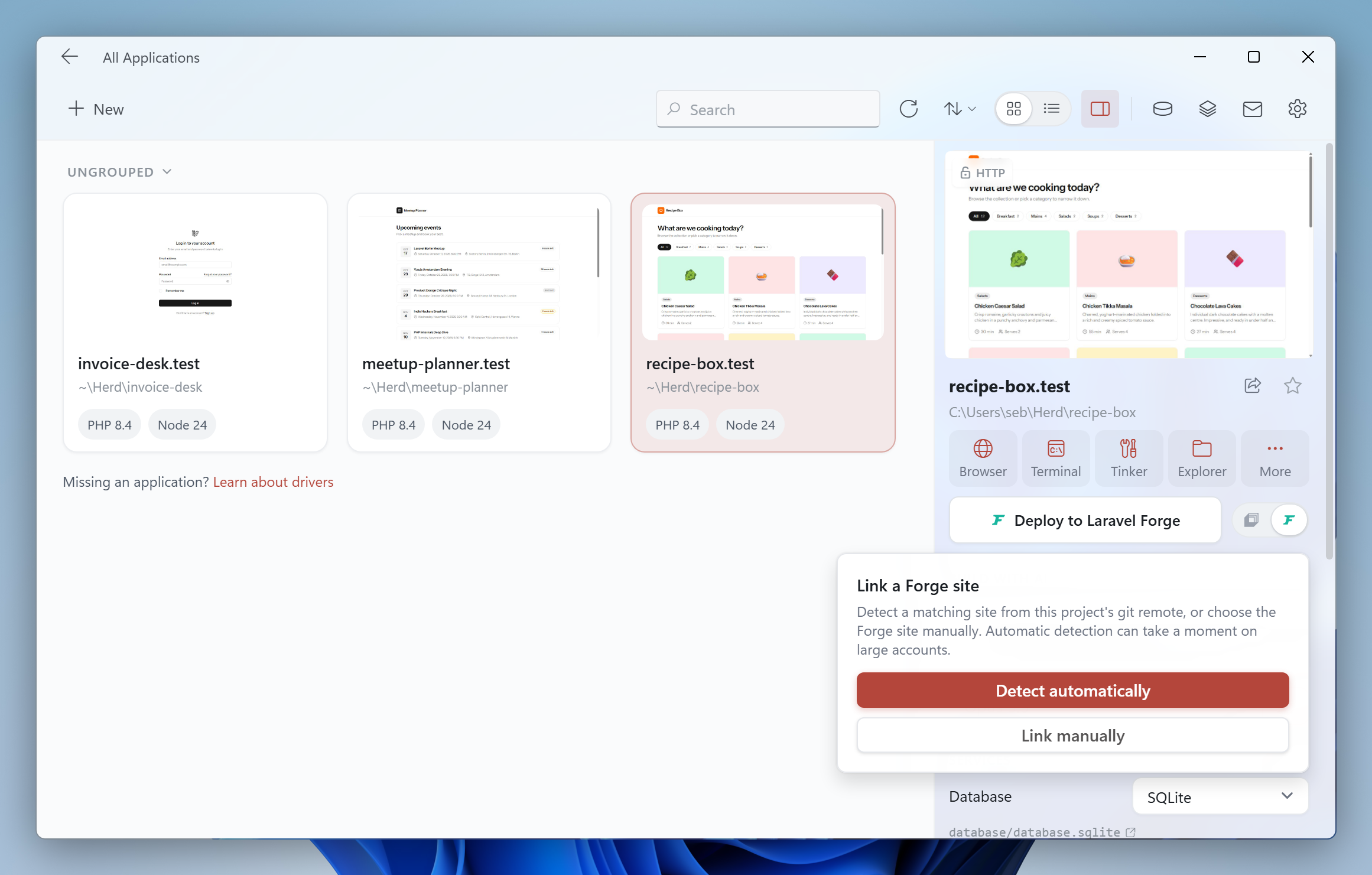 Link a Forge site popover in the Applications window