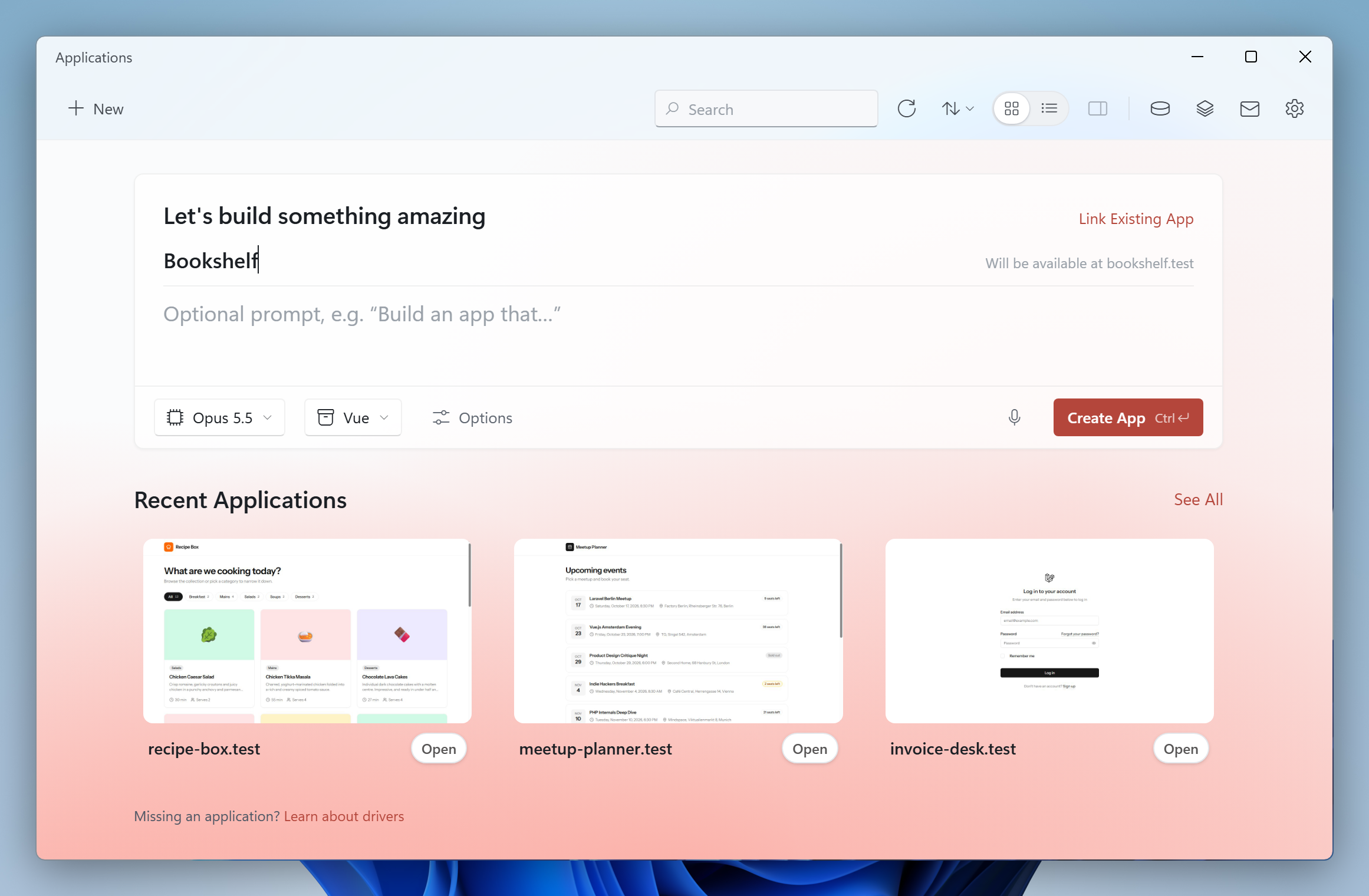 Creating a new Laravel application in the Applications window