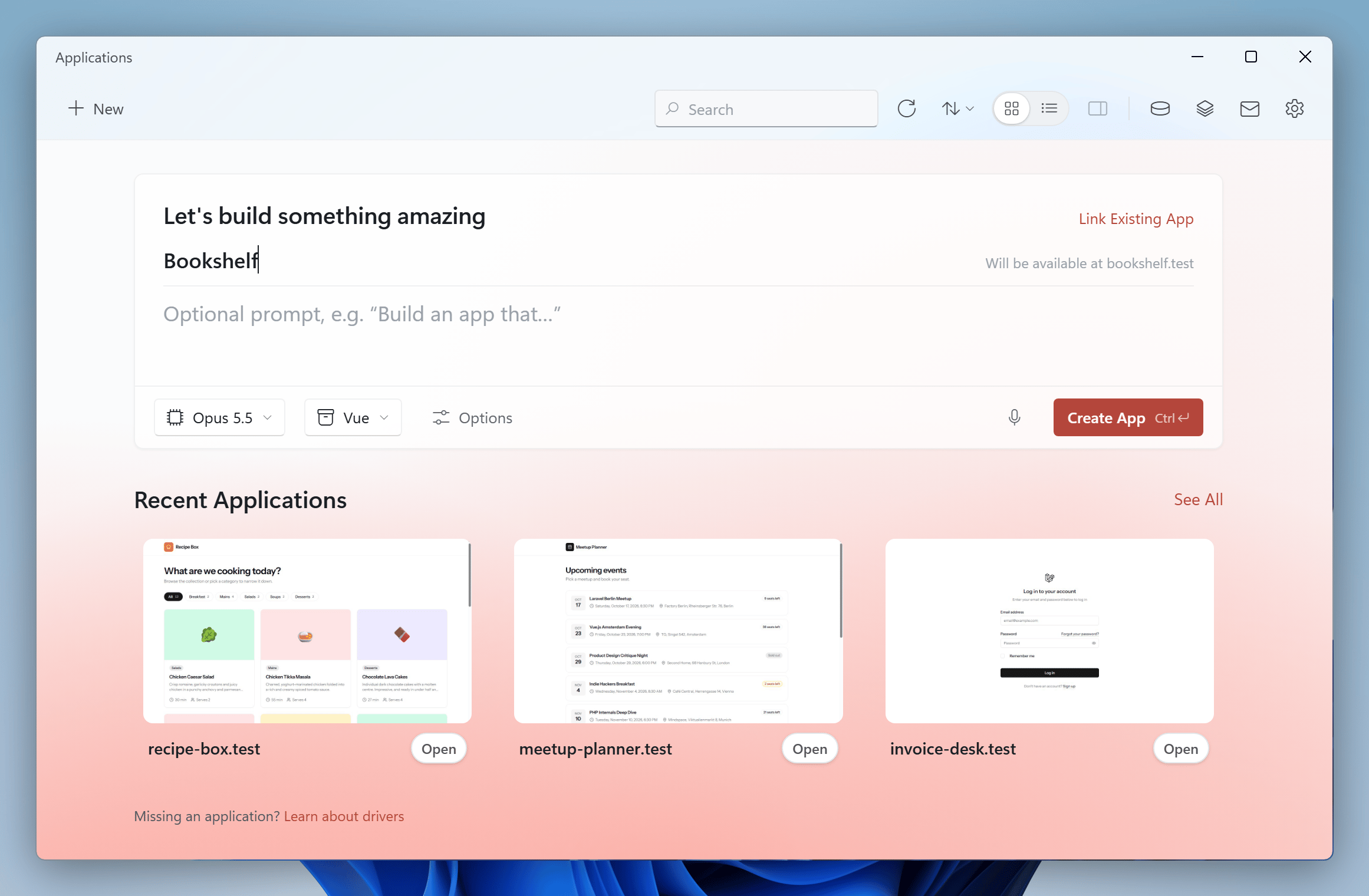Creating a new Laravel application in the Applications window