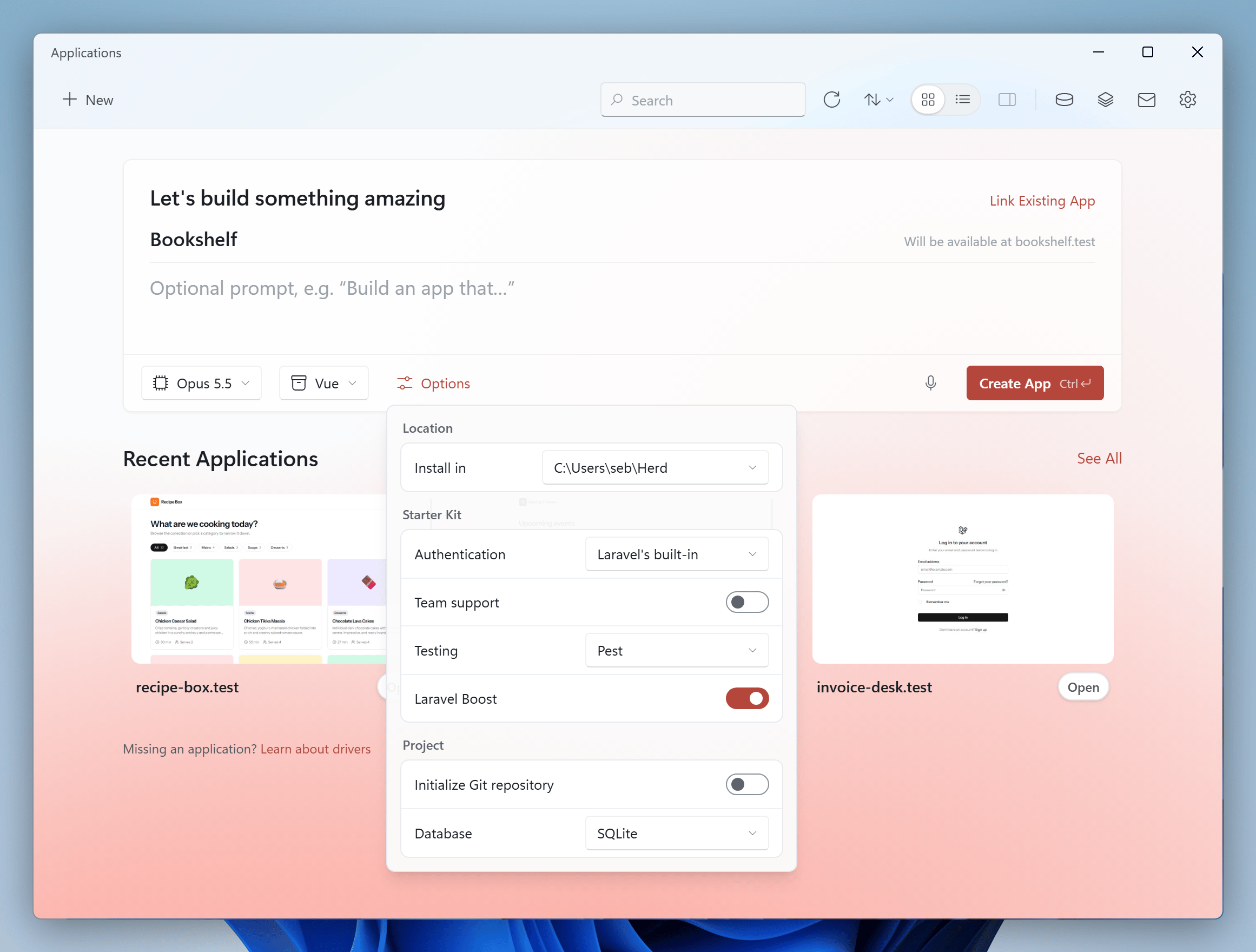 Options of the Laravel installer in the Applications window