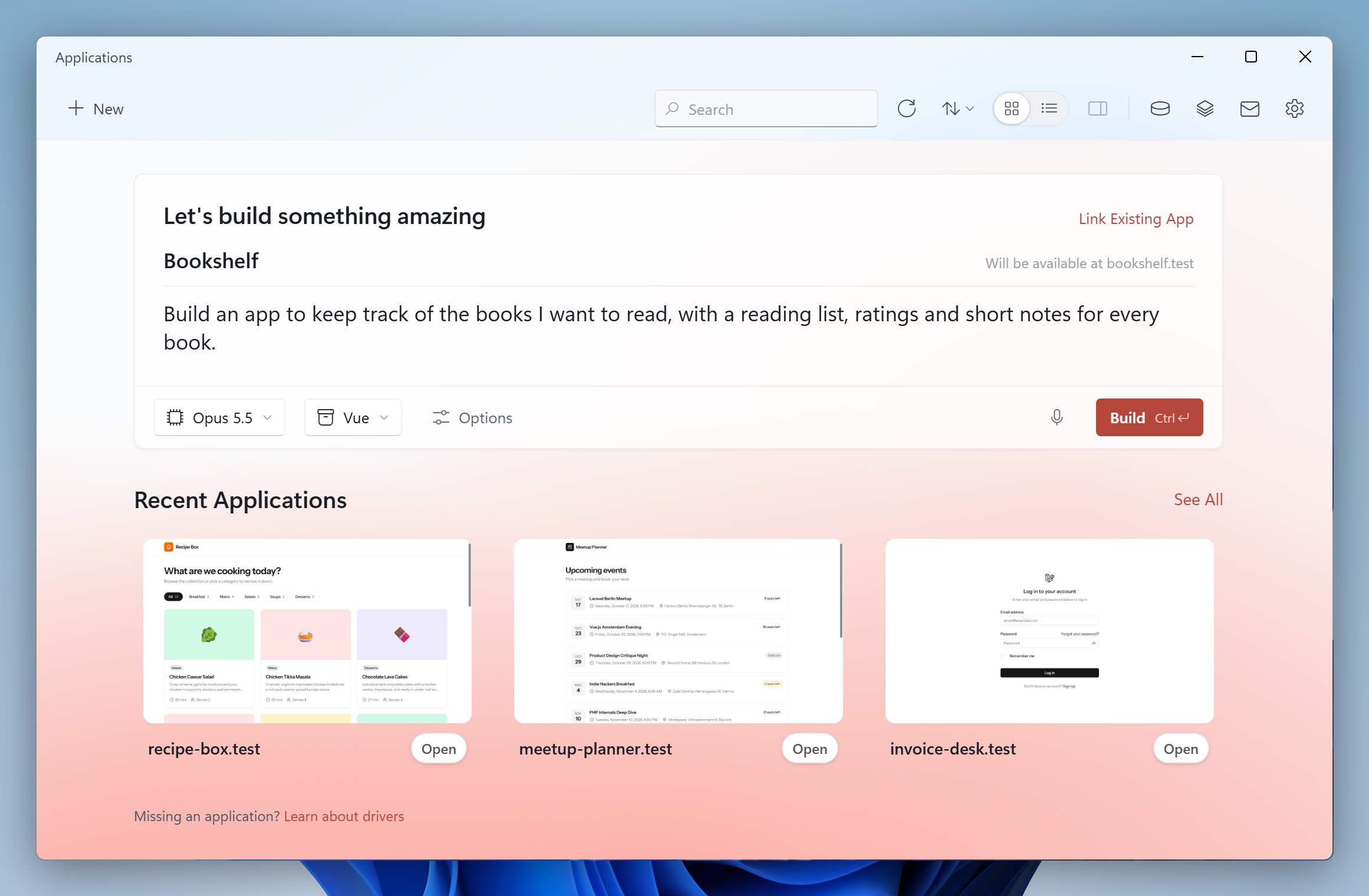 Describing a new application in the Applications window