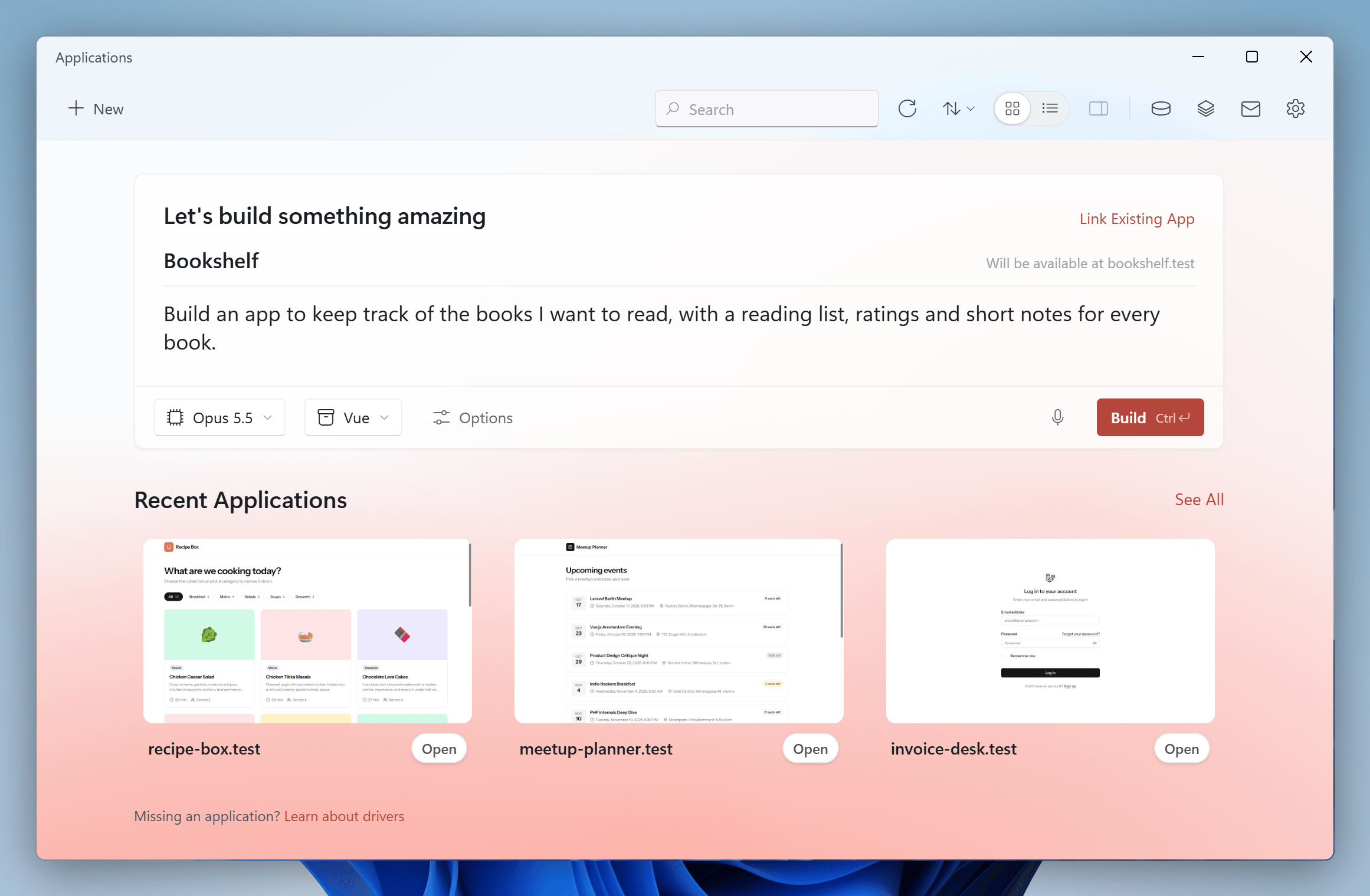 Describing a new application in the Applications window