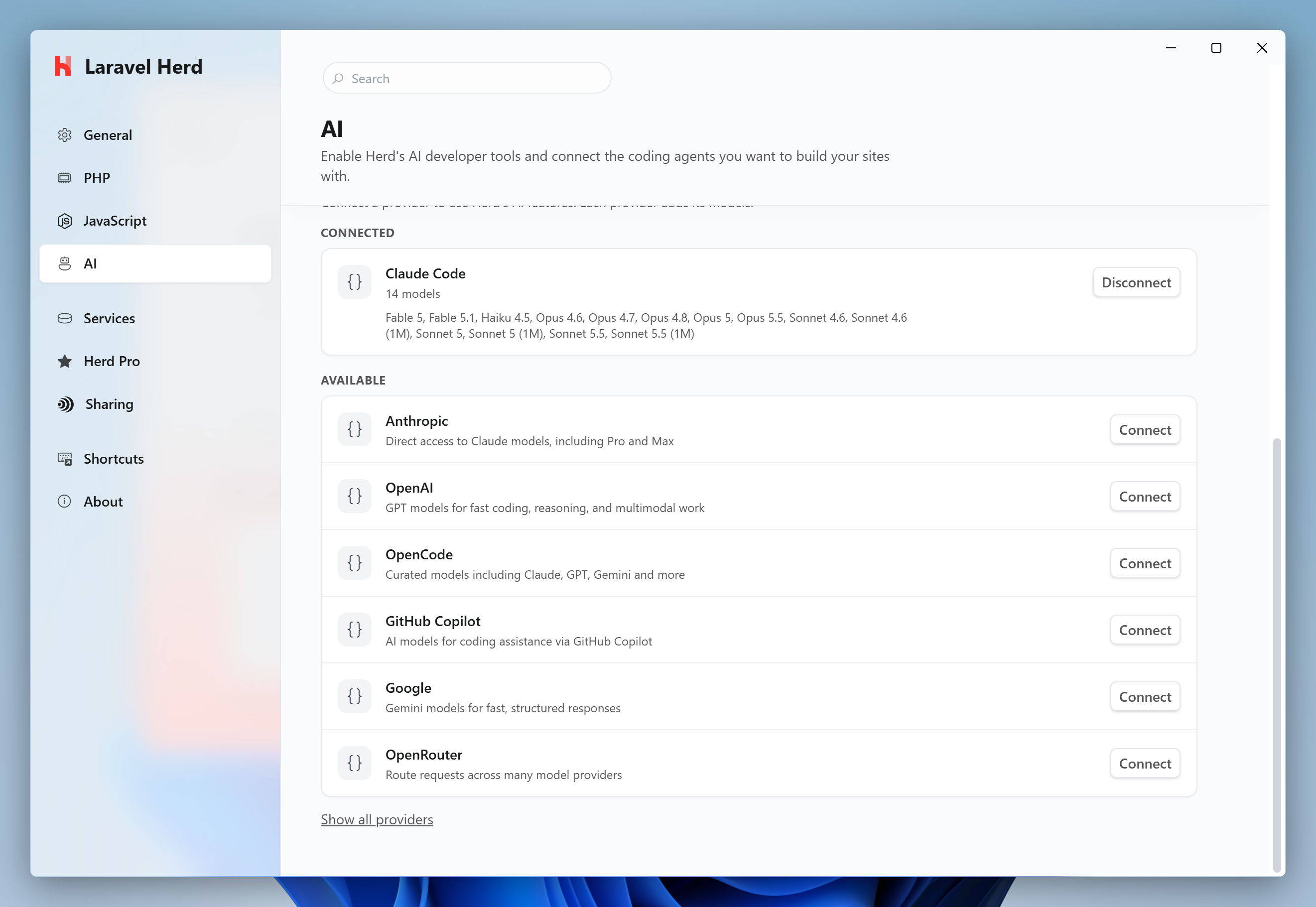 AI providers in the AI tab of the Herd settings