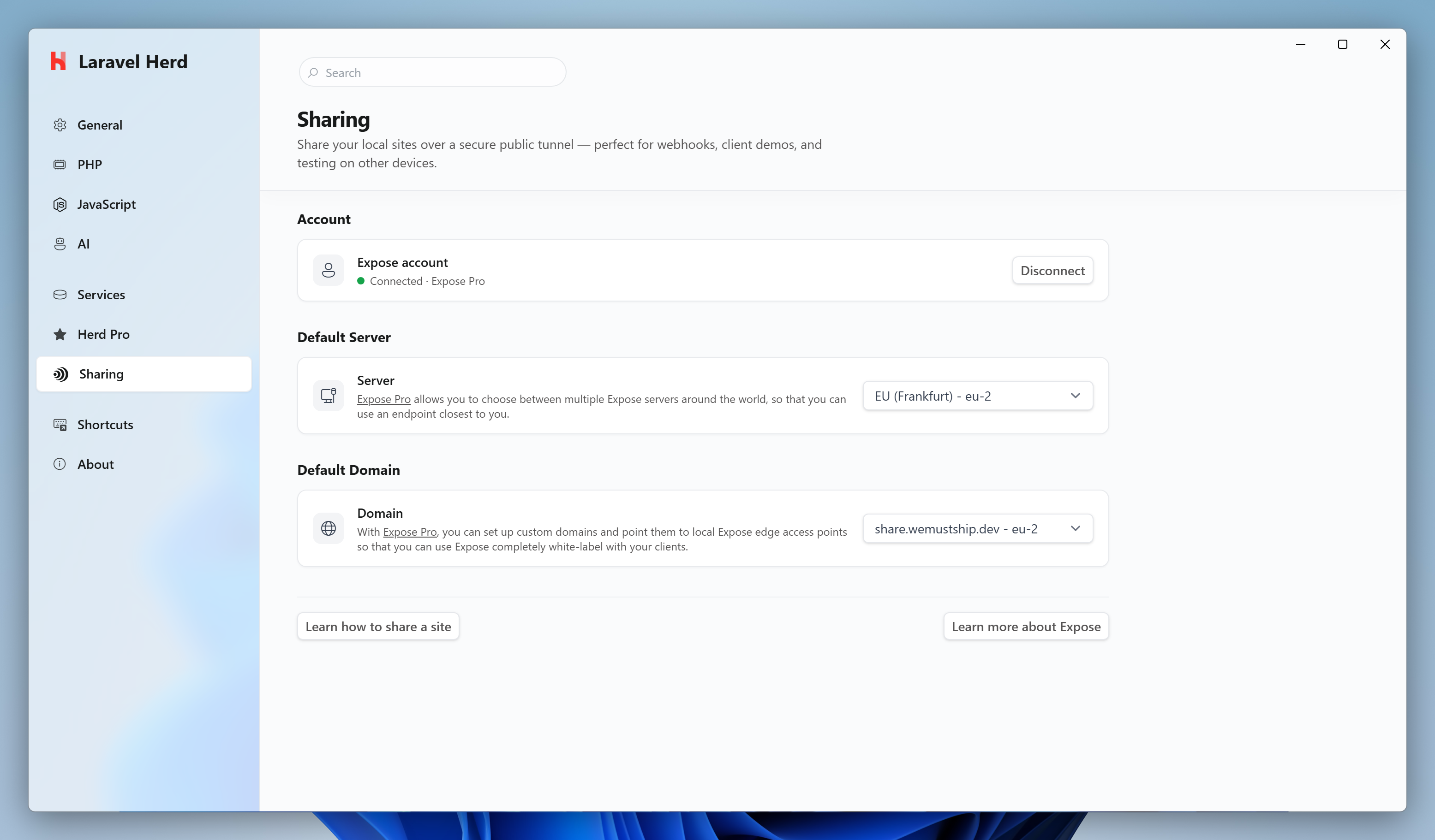 Sharing tab of the Herd settings