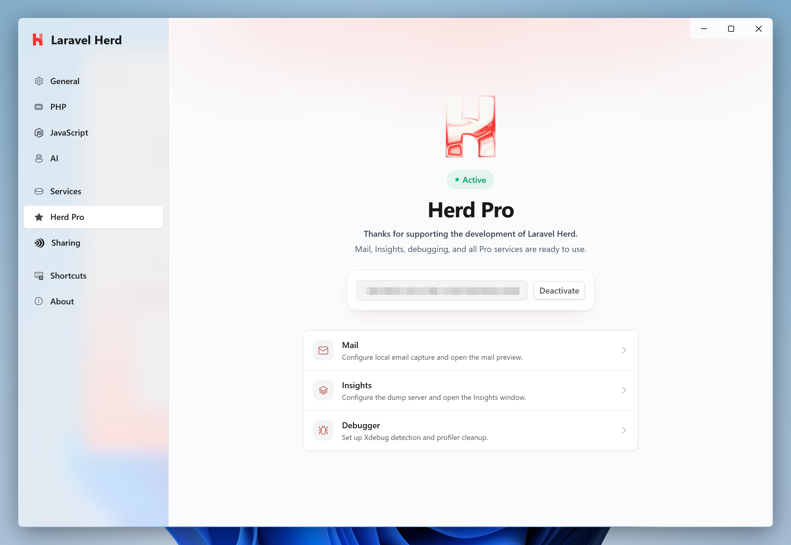 Herd Pro tab of the settings with an active license