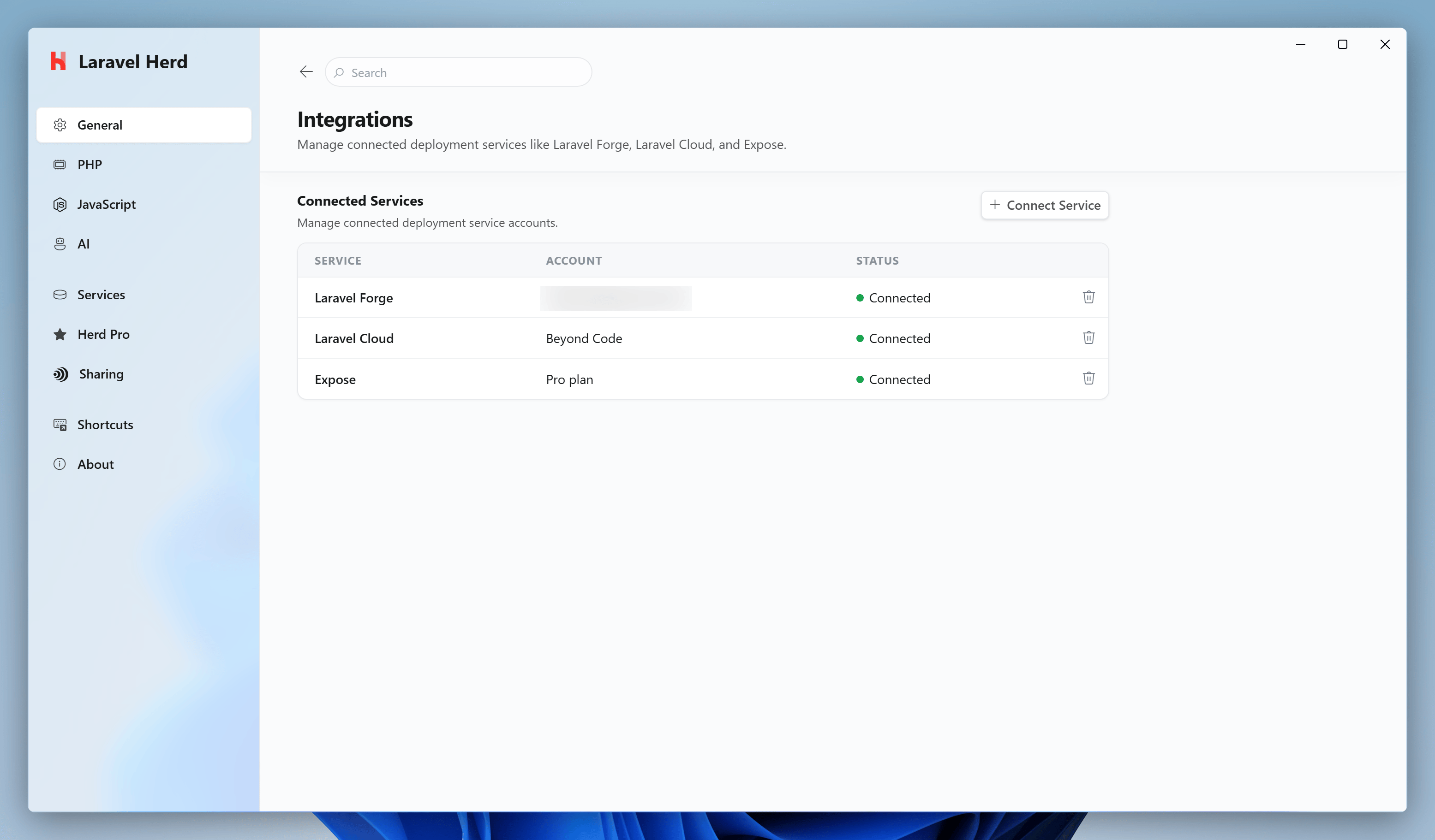 Integrations settings