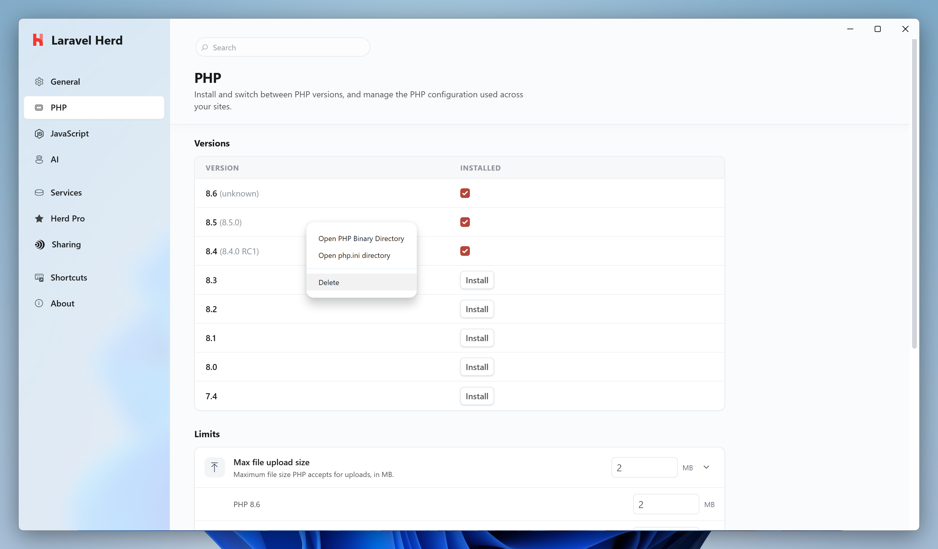Context menu of a PHP version with Delete