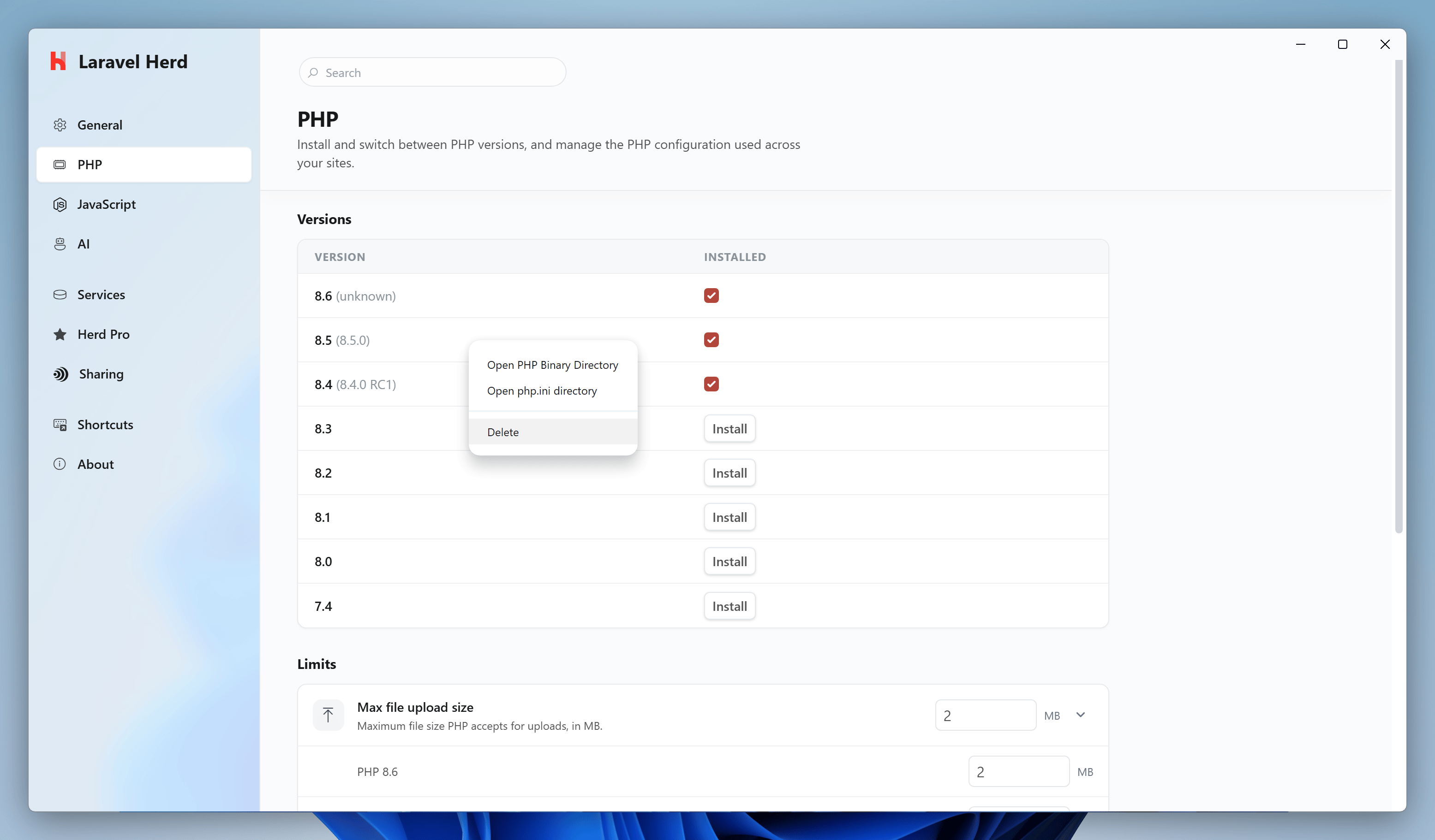 Context menu of a PHP version with Delete
