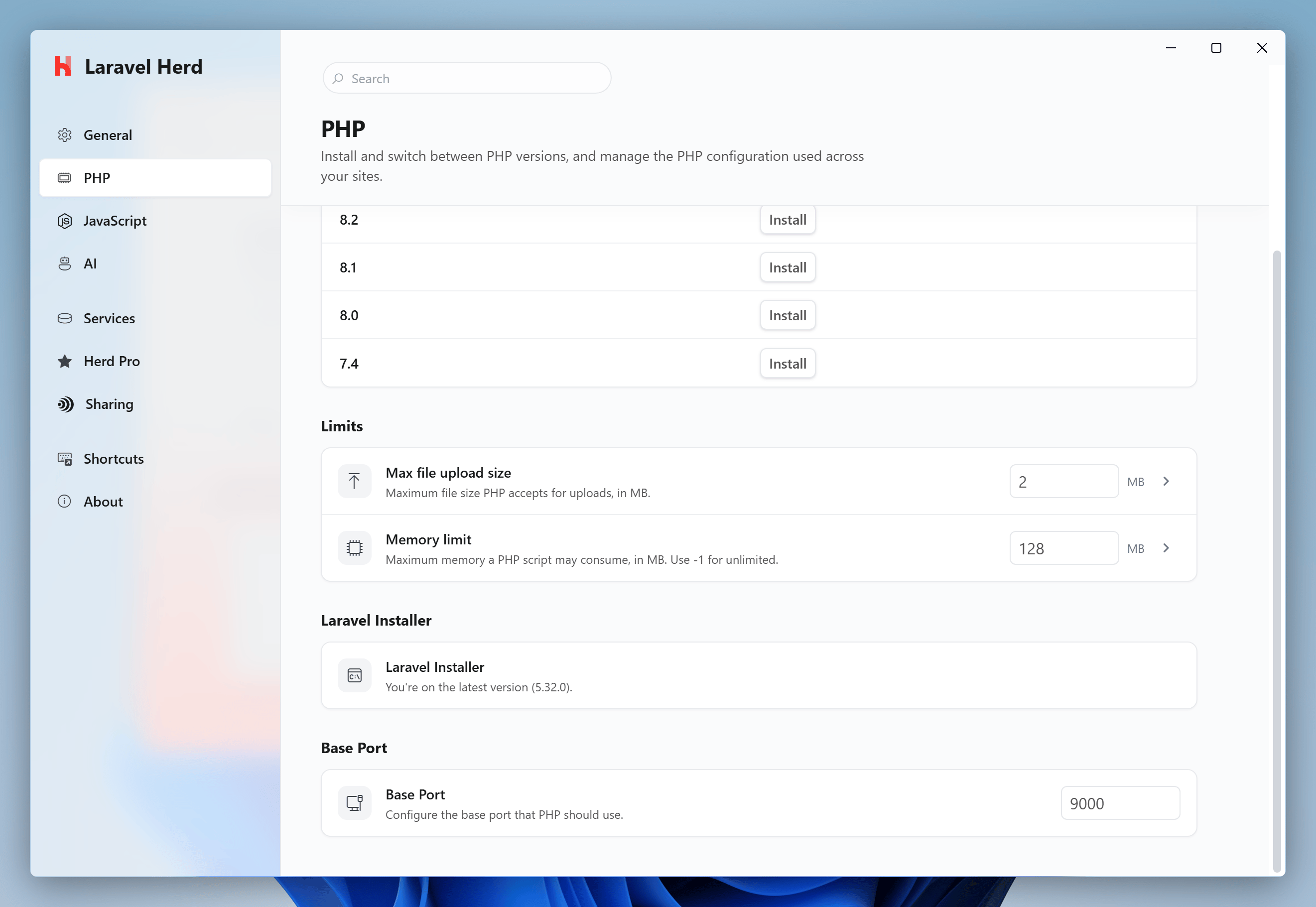 Screenshot of settings