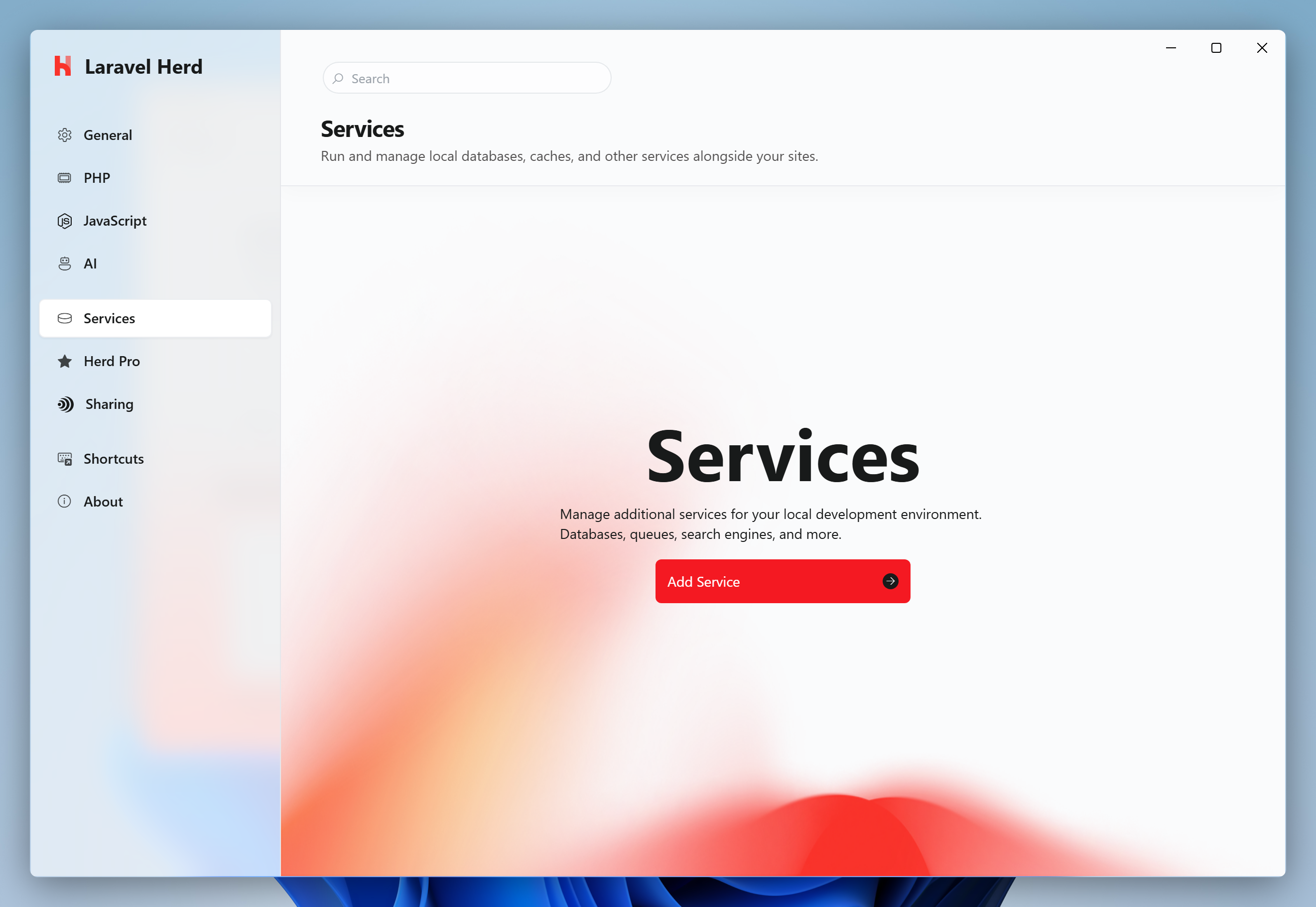 Services tab of the settings without any services