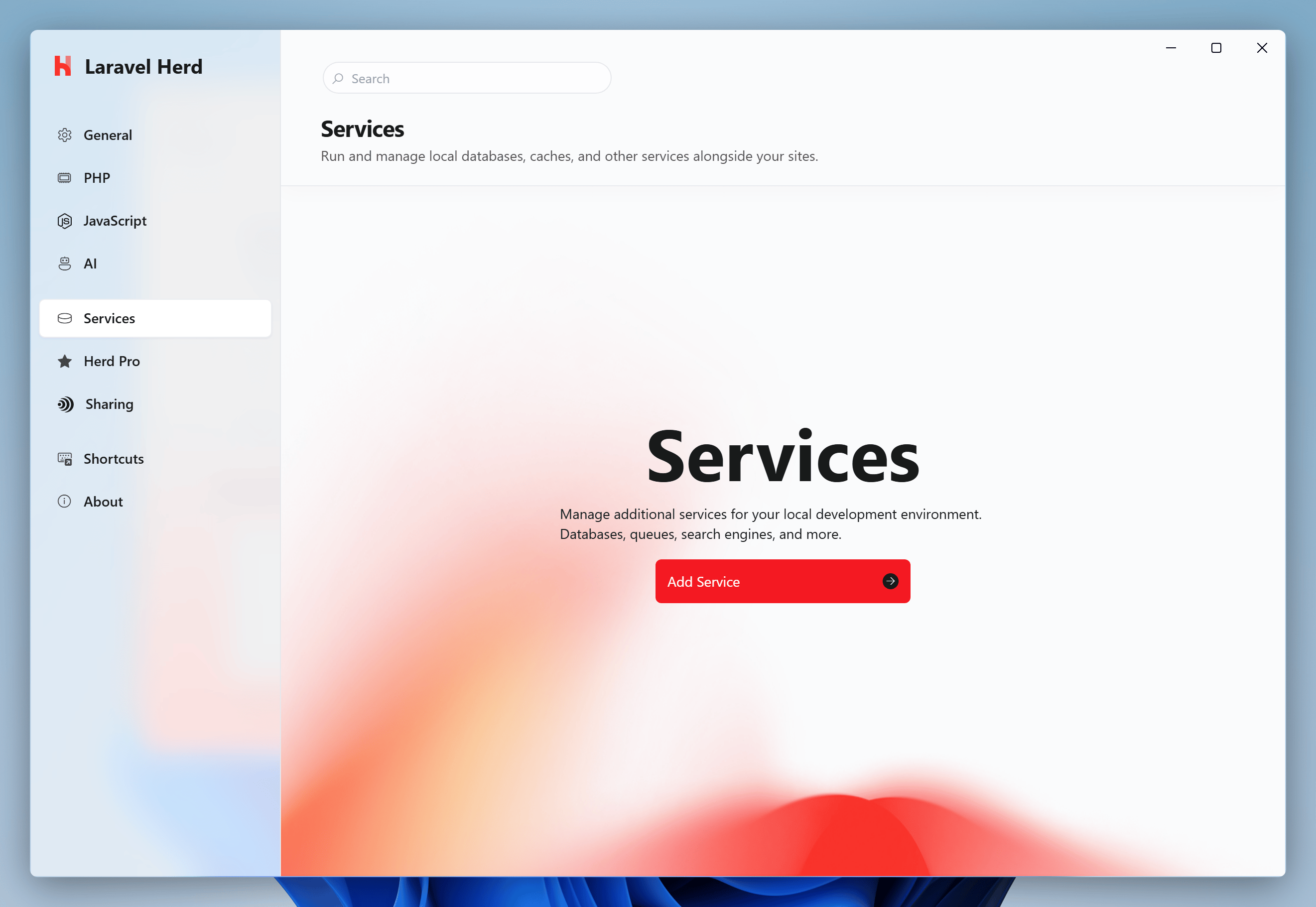 Services tab of the settings without any services