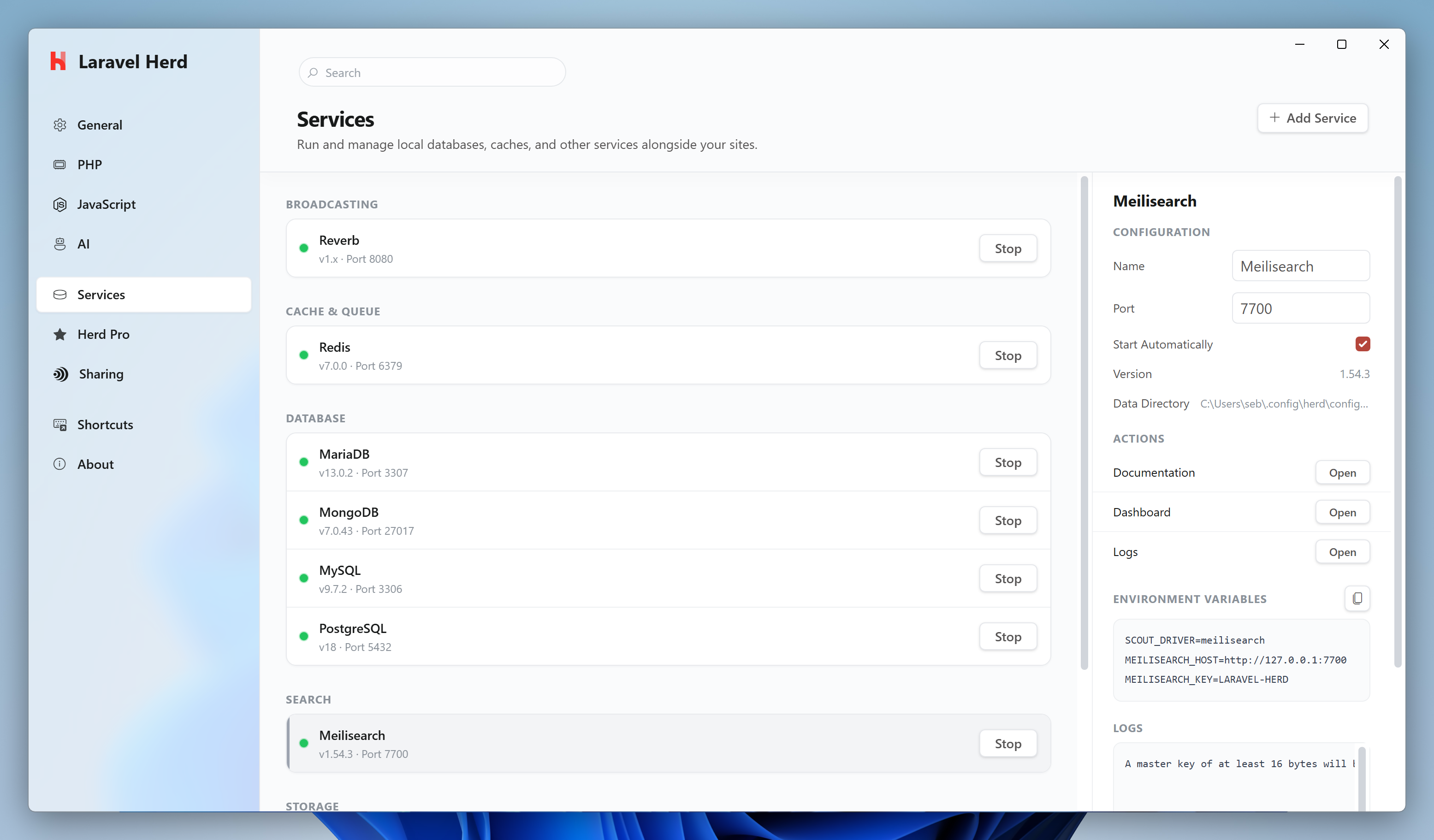 Meilisearch in the services settings