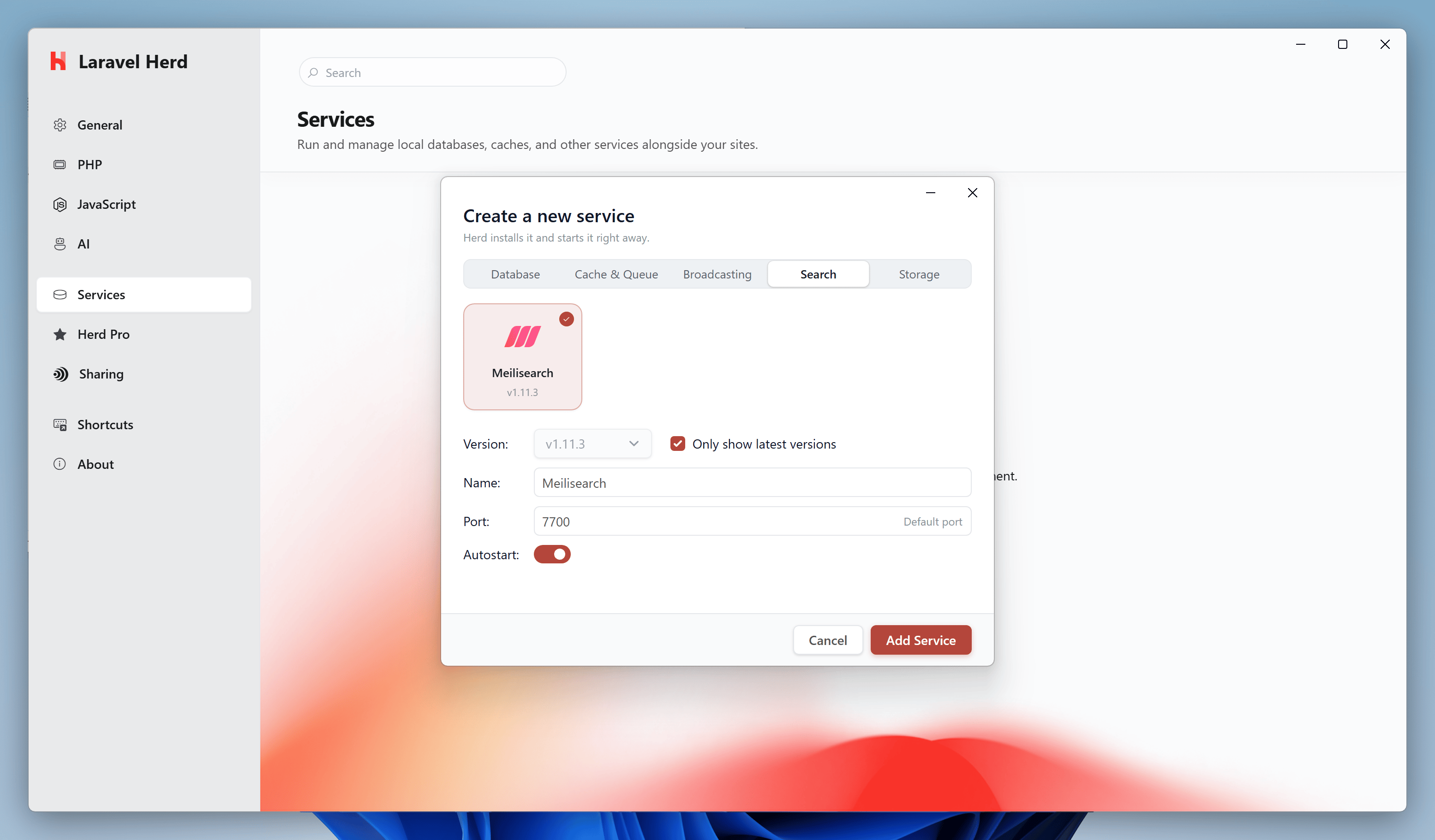 Screenshot of Meilisearch settings