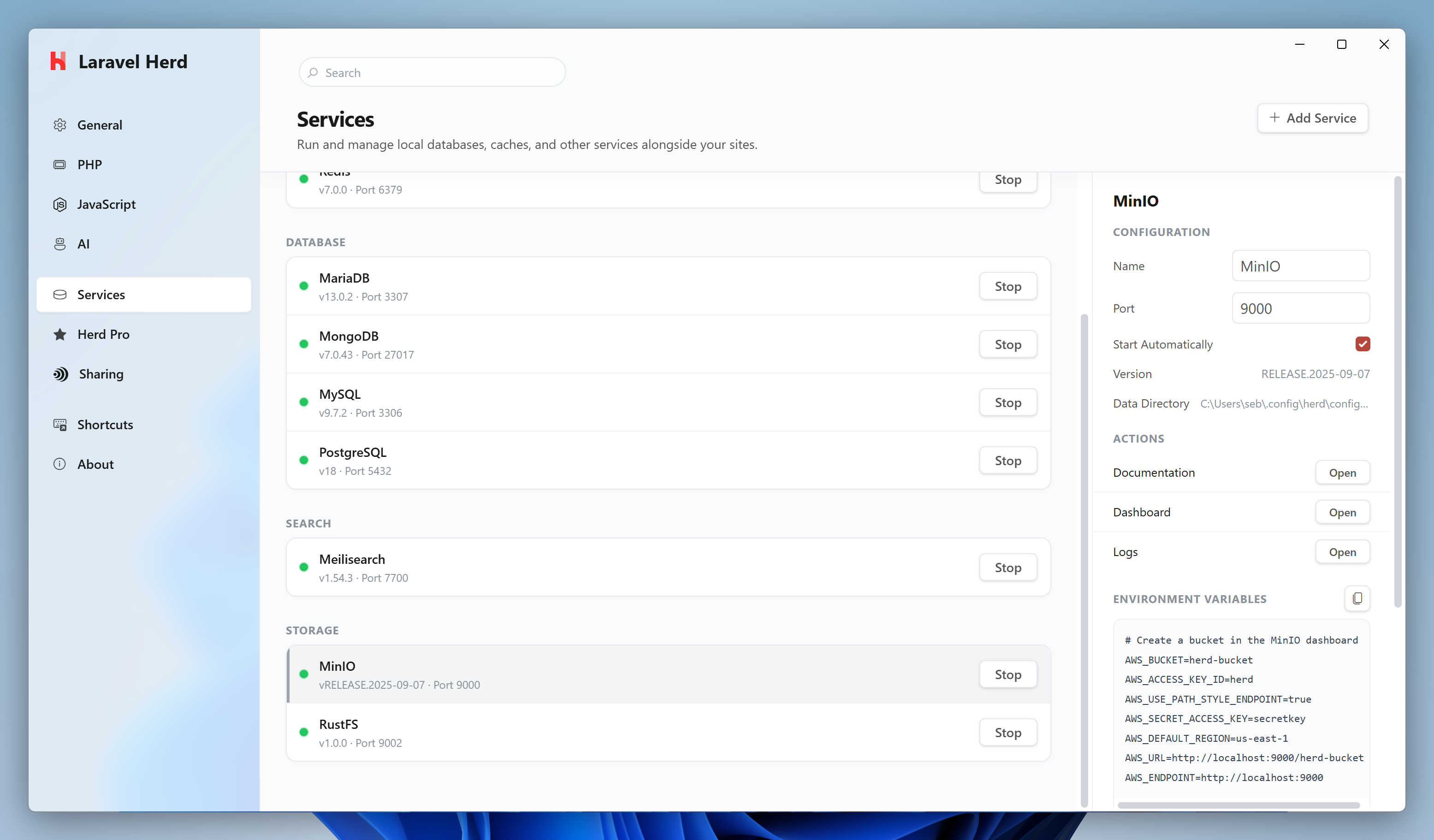 Screenshot of the MinIO configuration