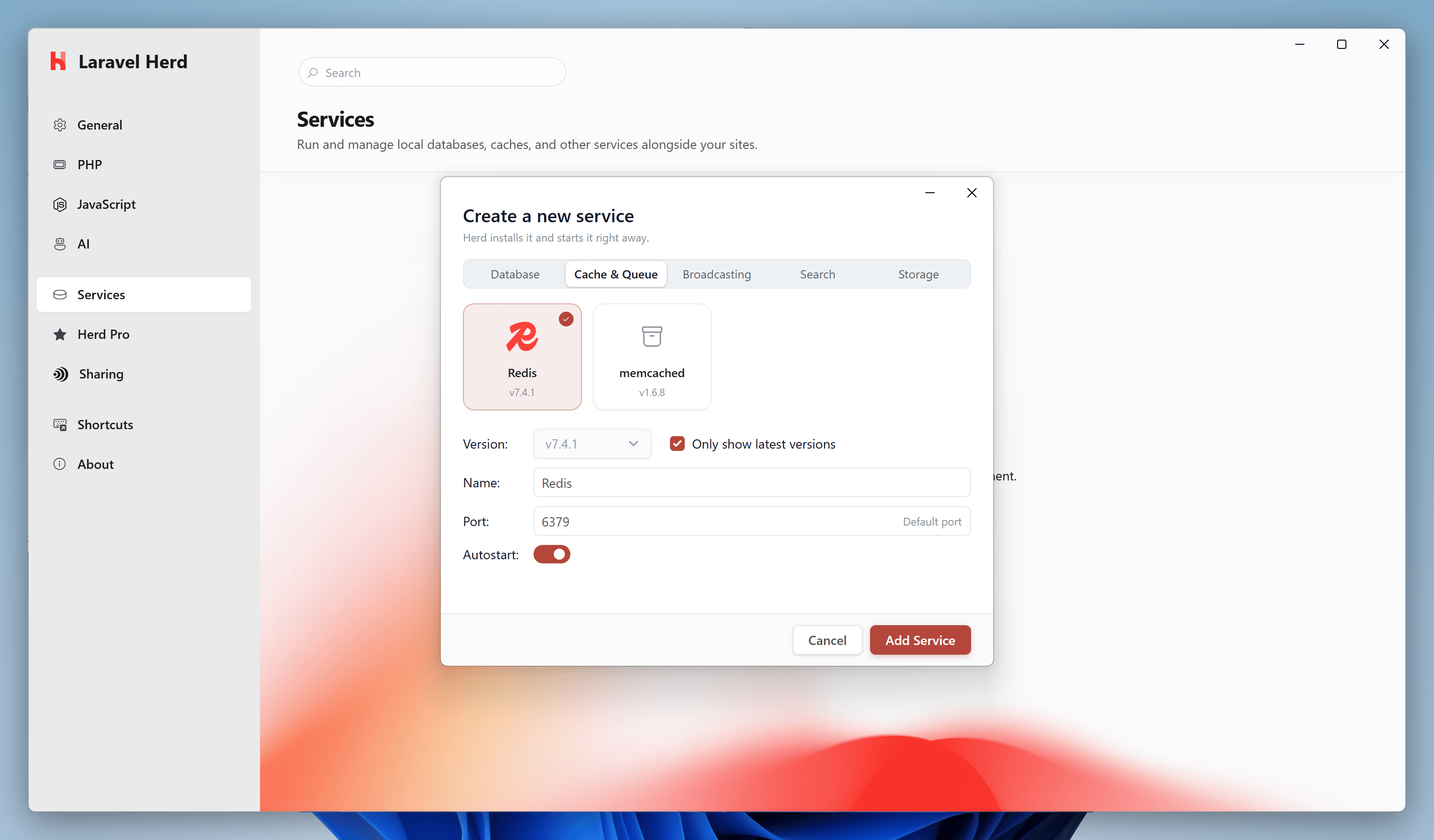 Screenshot of redis settings