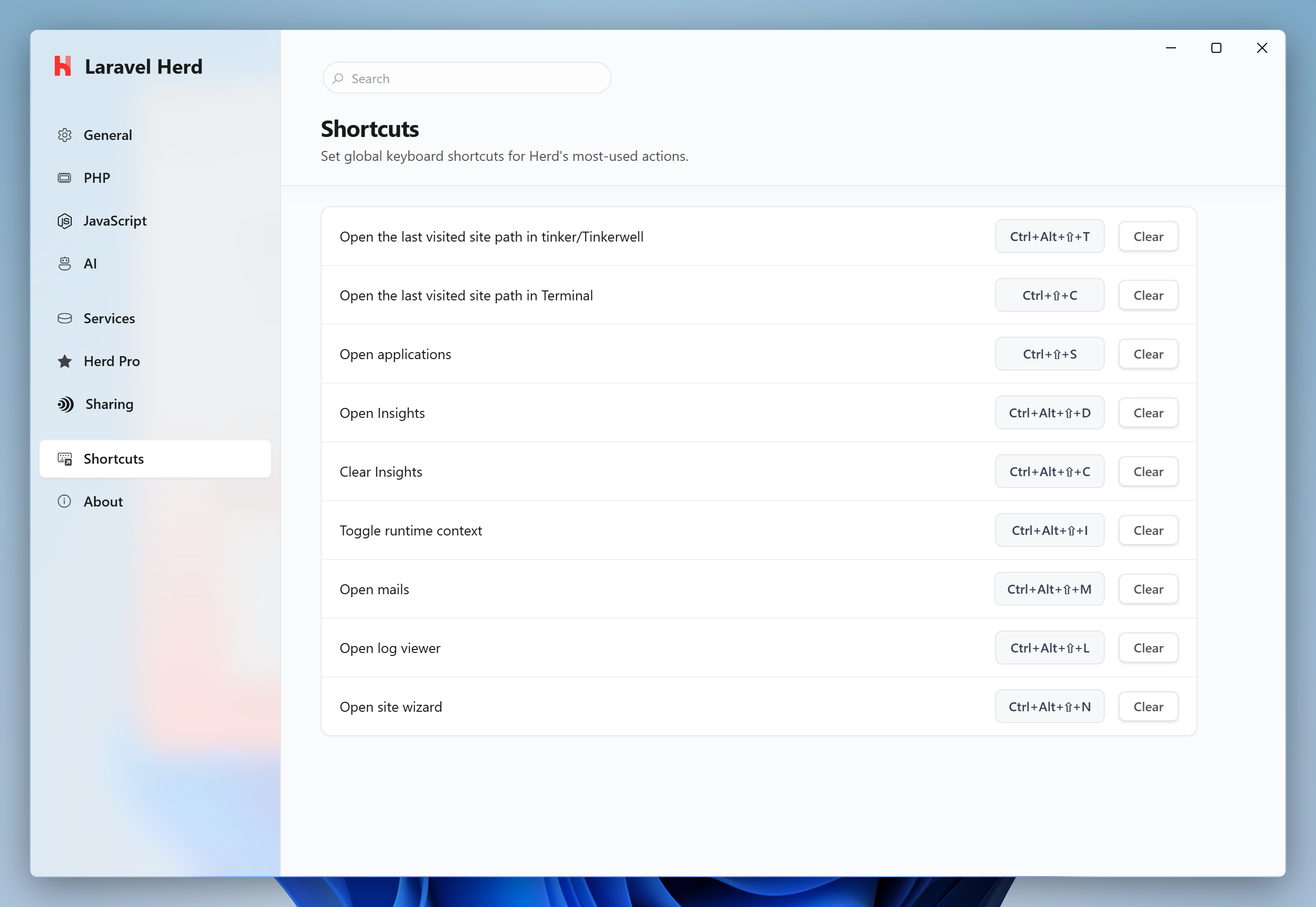 Screenshot of shortcut settings