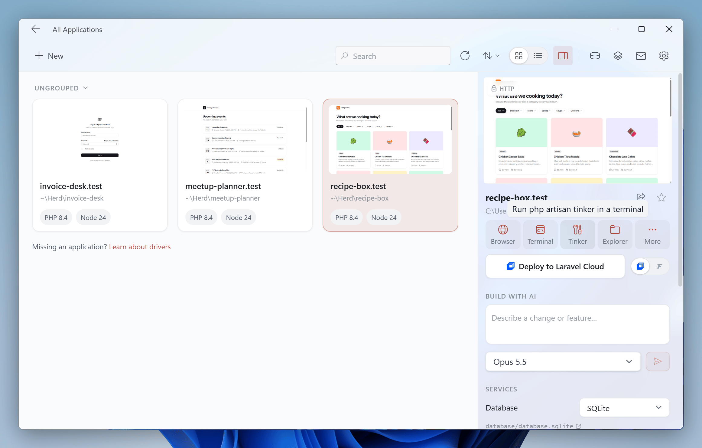 Tinker button in the Applications window