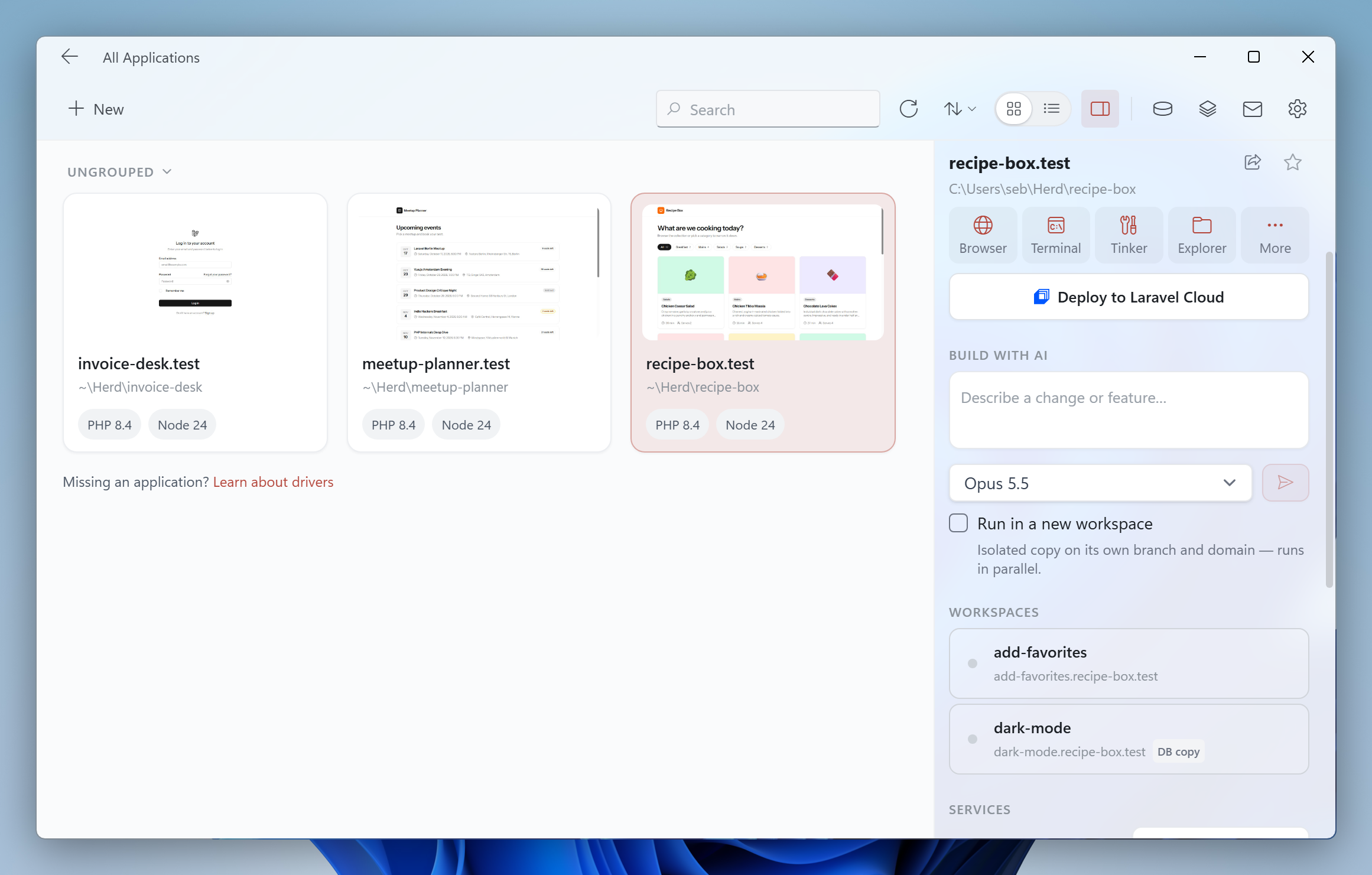 Workspaces in the inspector of the Applications window