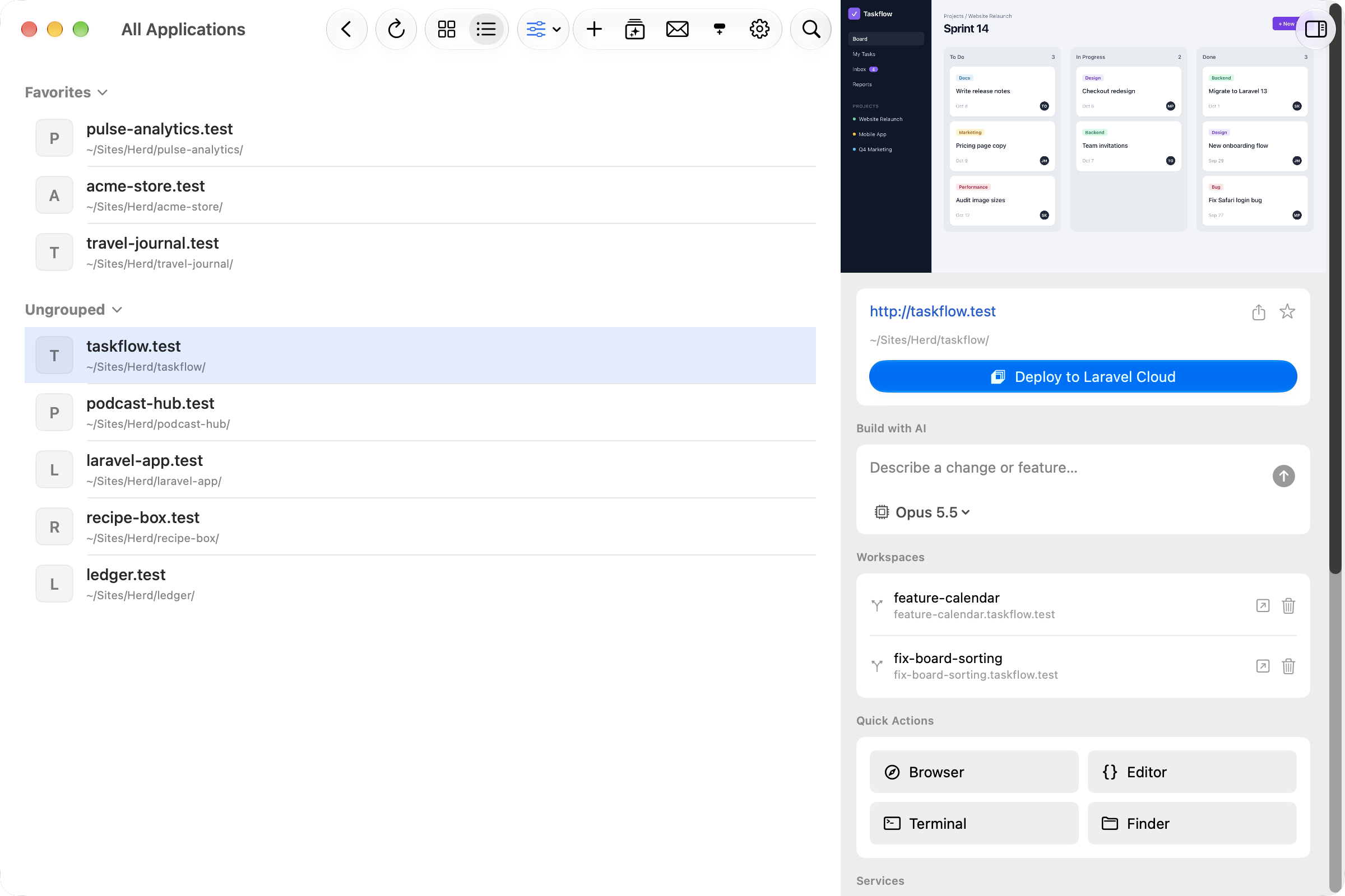 Workspaces in the inspector of the Applications window
