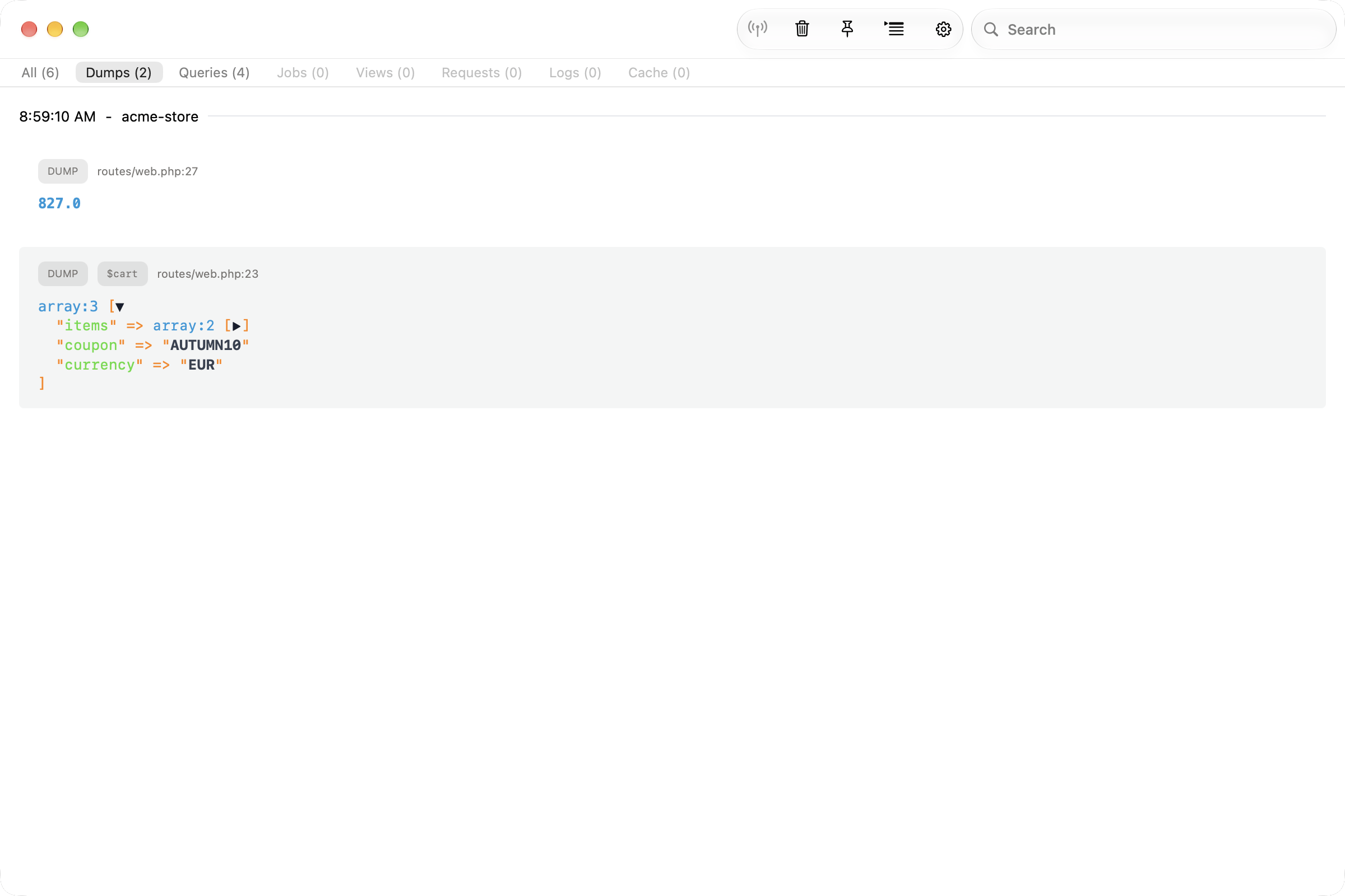 Dumps in the Insights window
