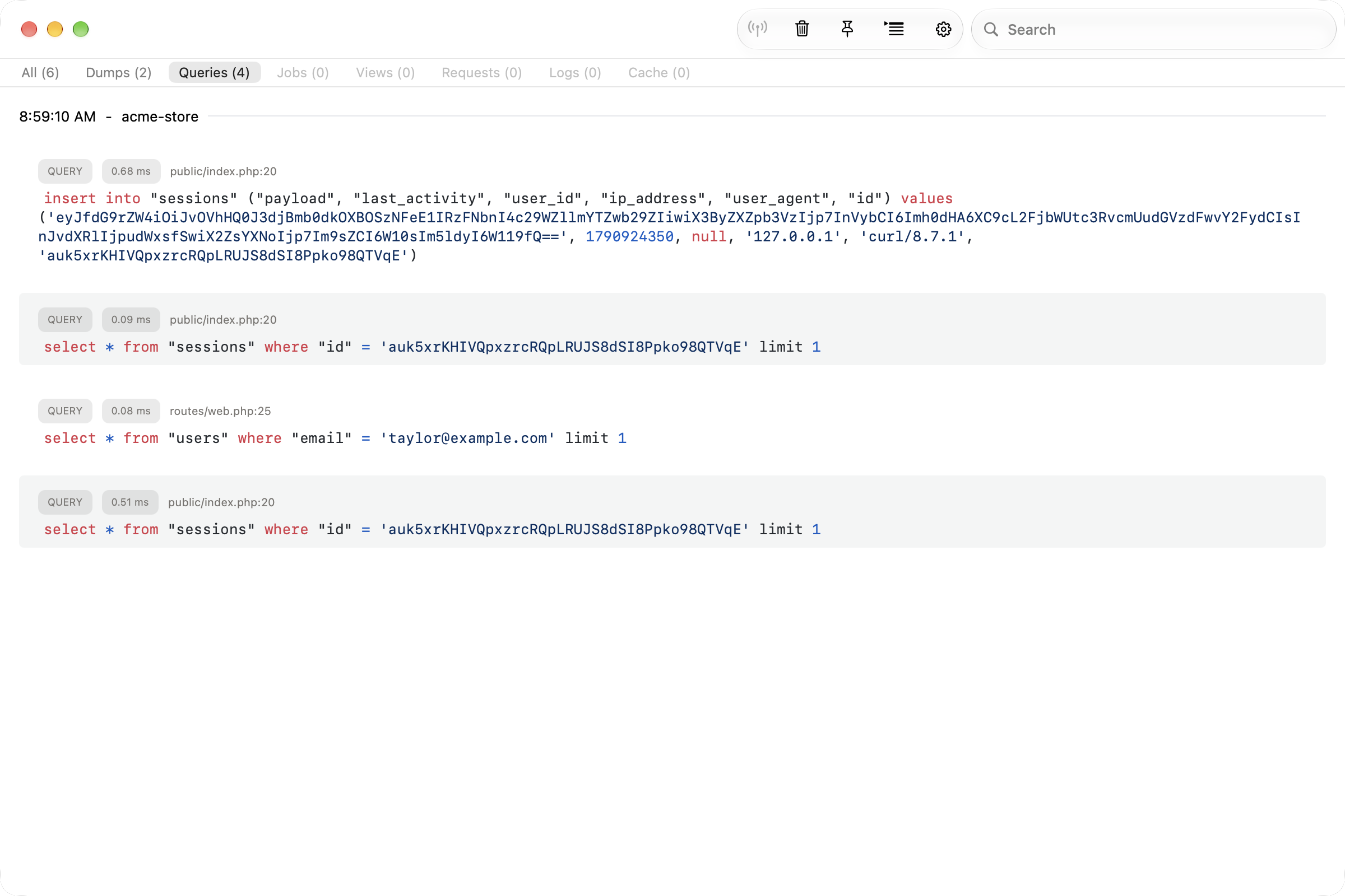 Queries in the Insights window
