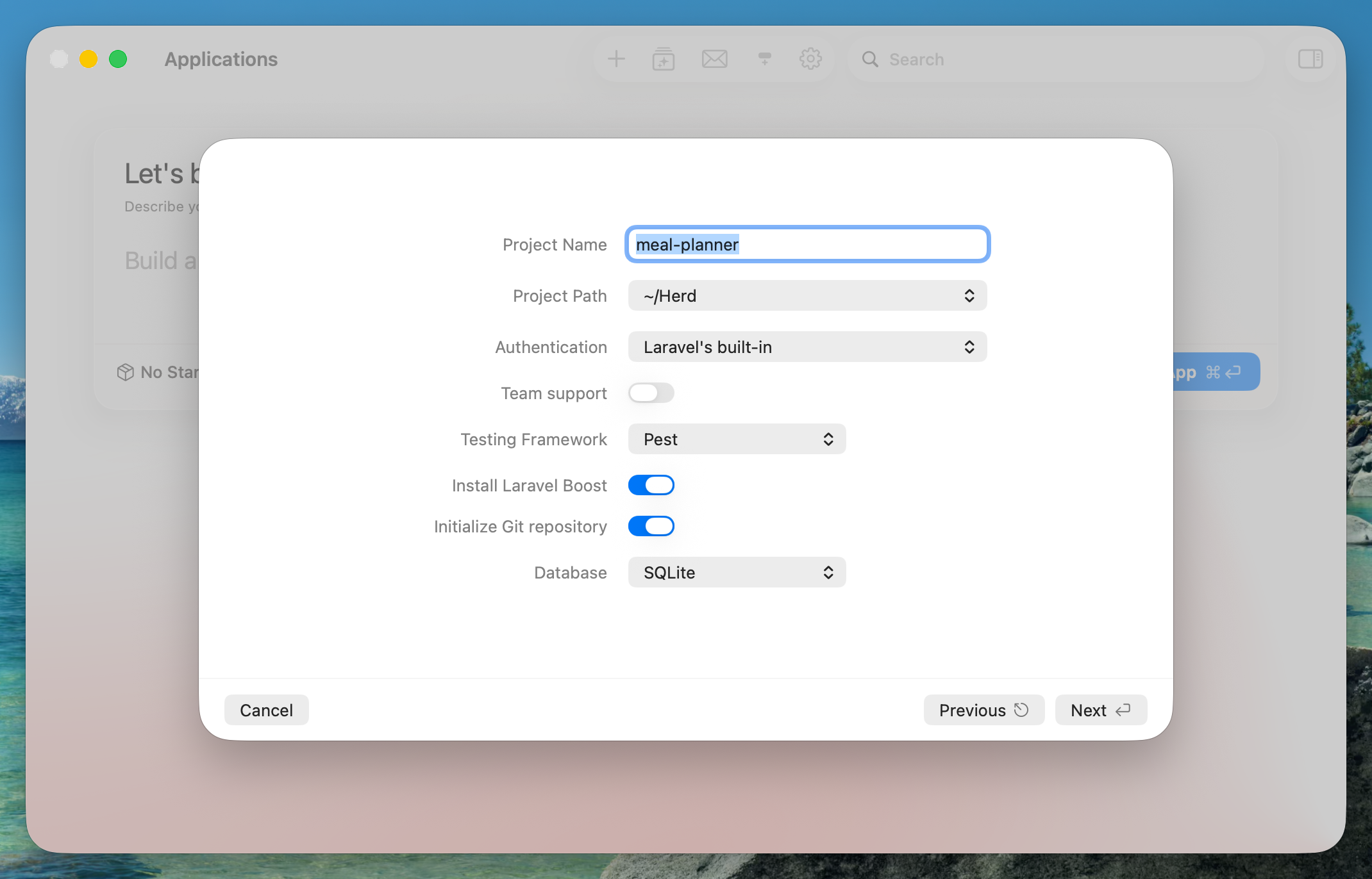 Advanced options of the new application window