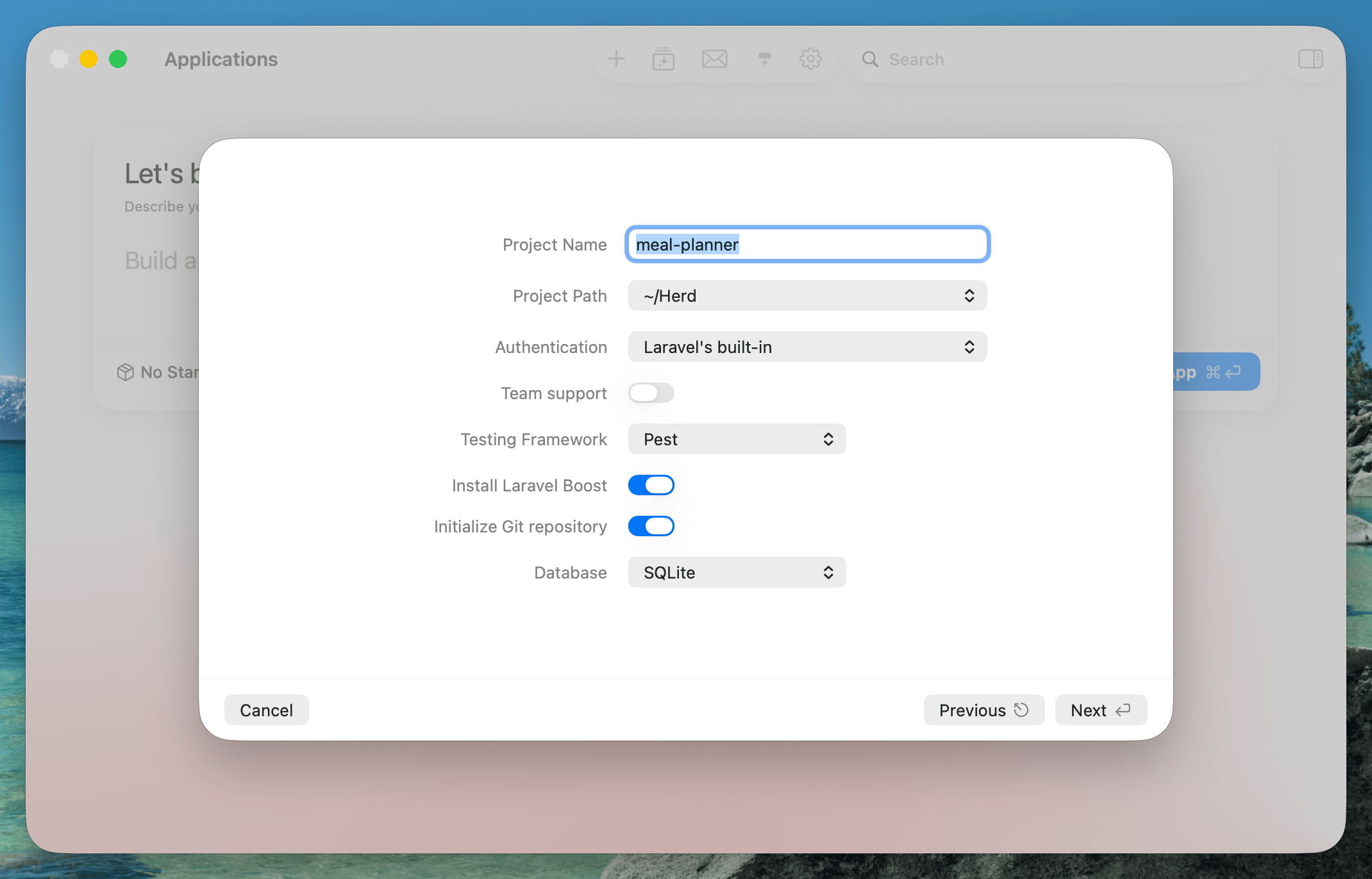 Advanced options of the new application window