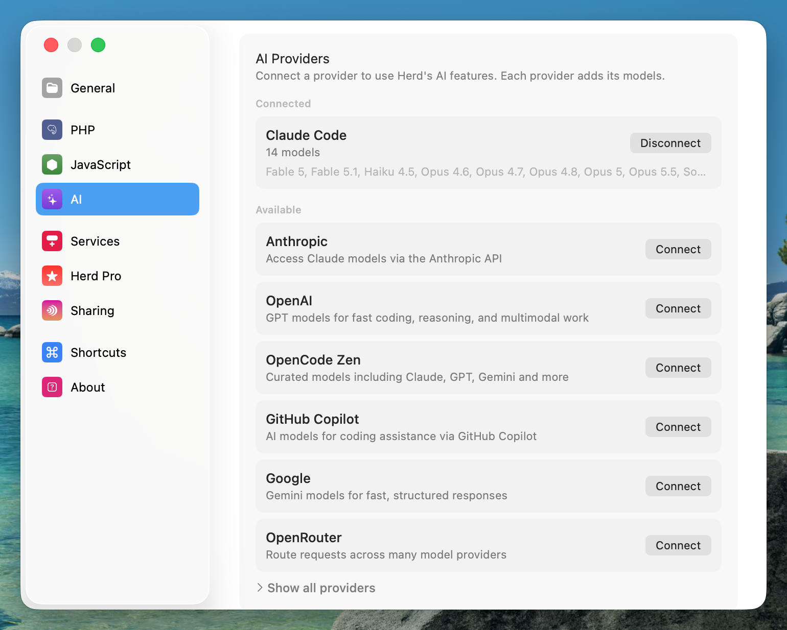 AI providers in the AI tab of the Herd settings