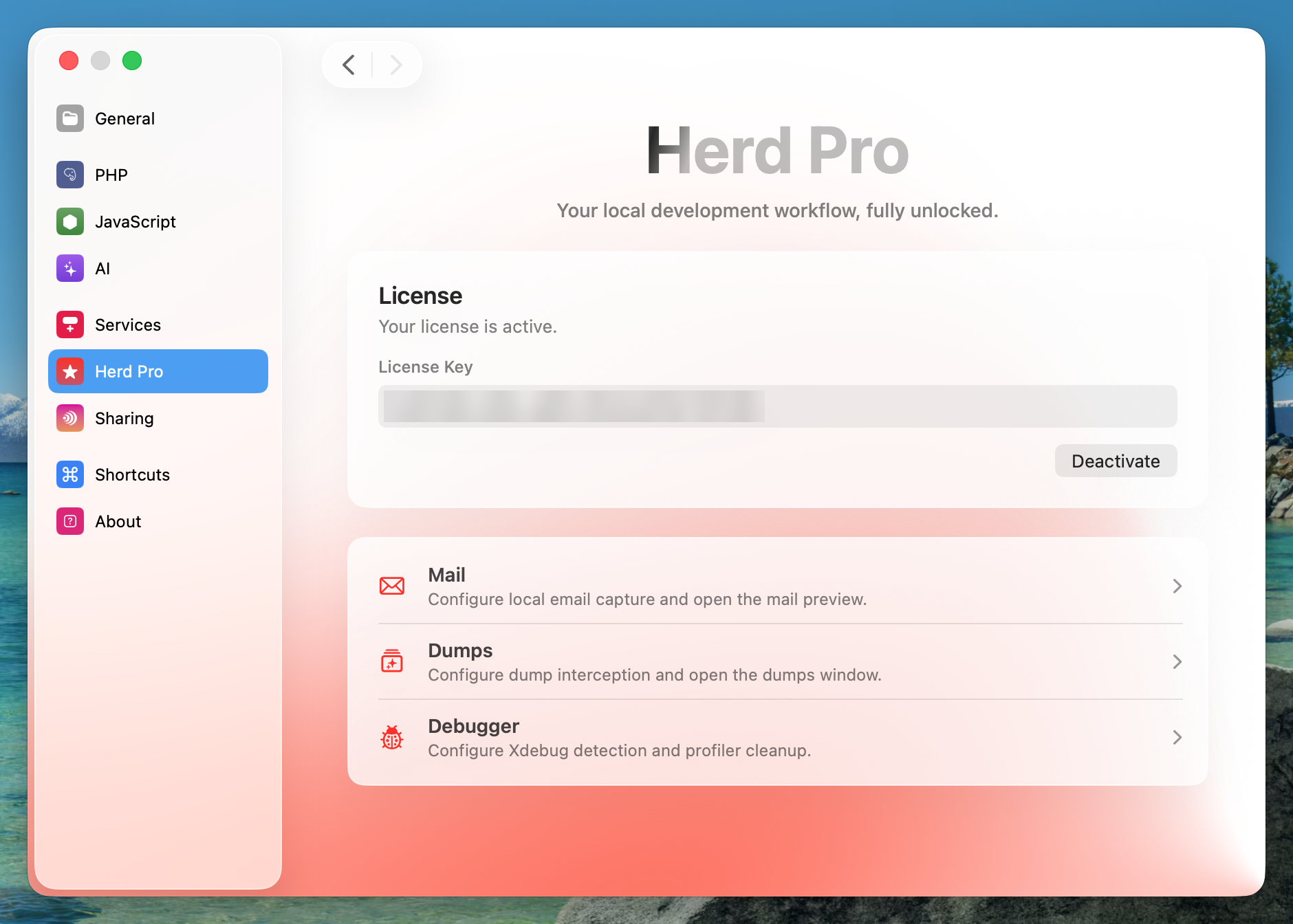 Herd Pro tab of the settings with an active license