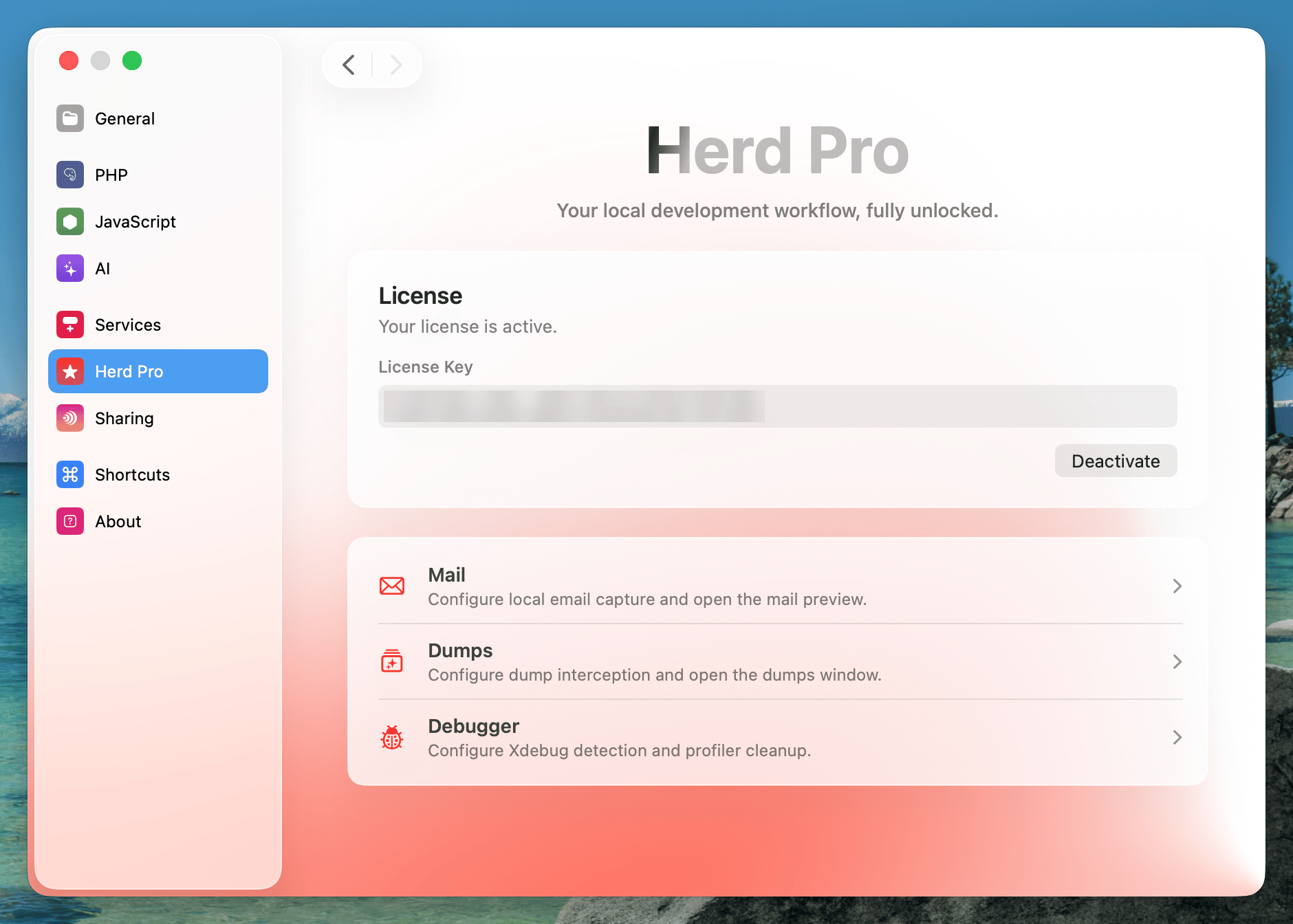 Herd Pro tab of the settings with an active license