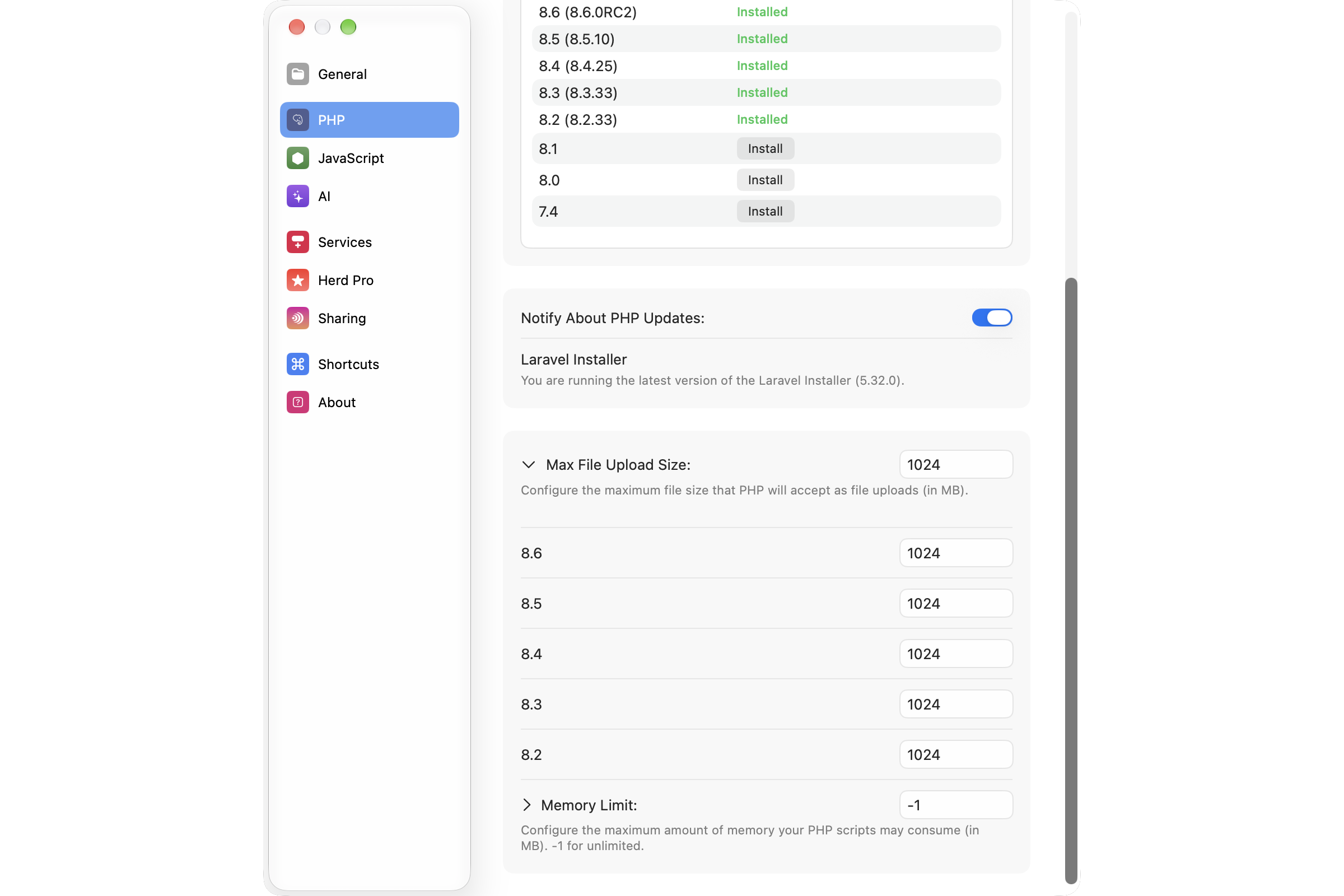 Screenshot of settings