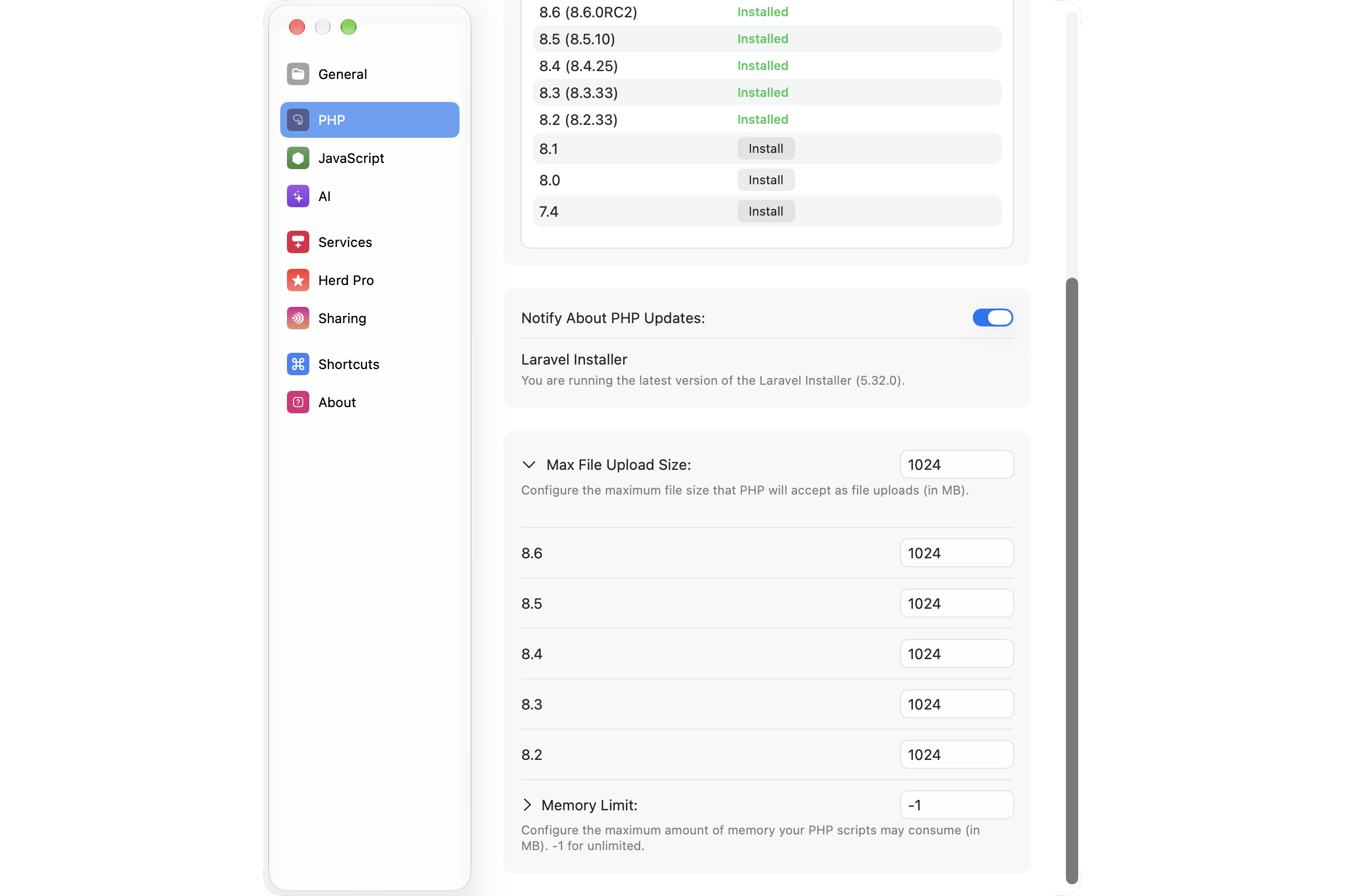 Screenshot of settings
