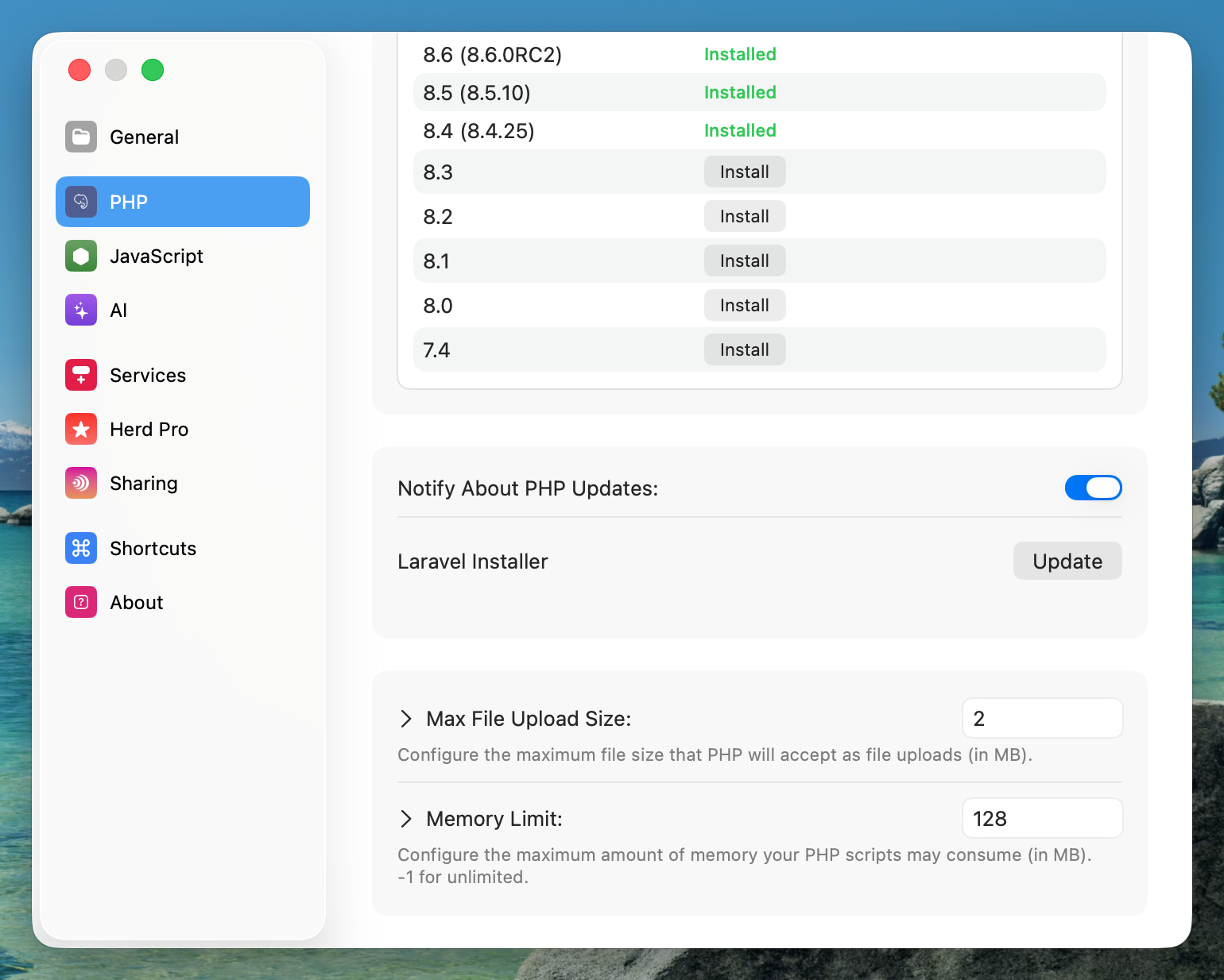PHP tab of the Herd settings with the update button for the Laravel installer
