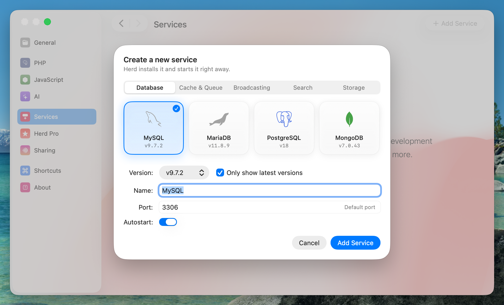 Screenshot of MySQL settings