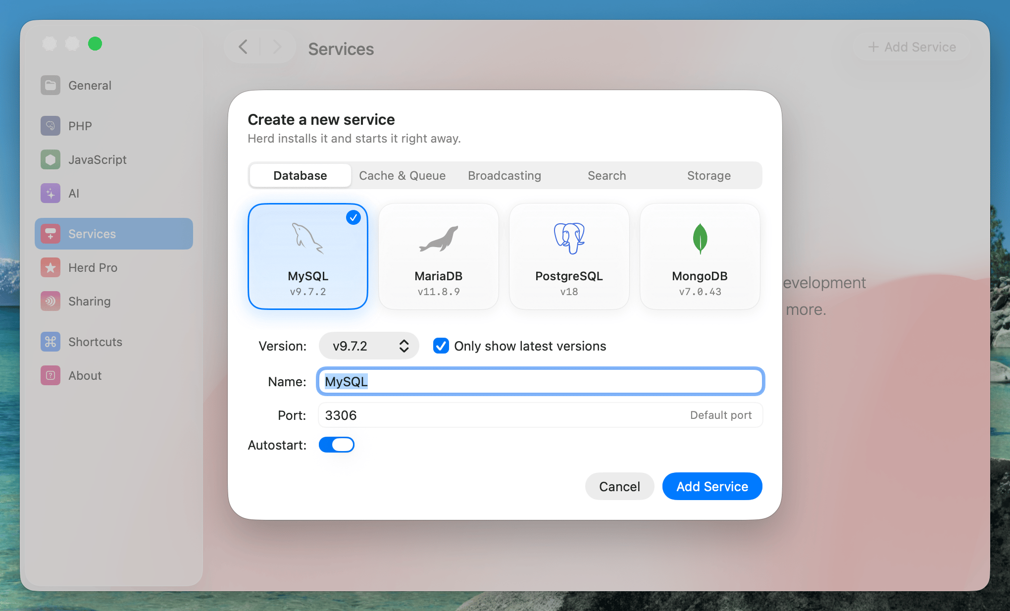 Screenshot of MySQL settings